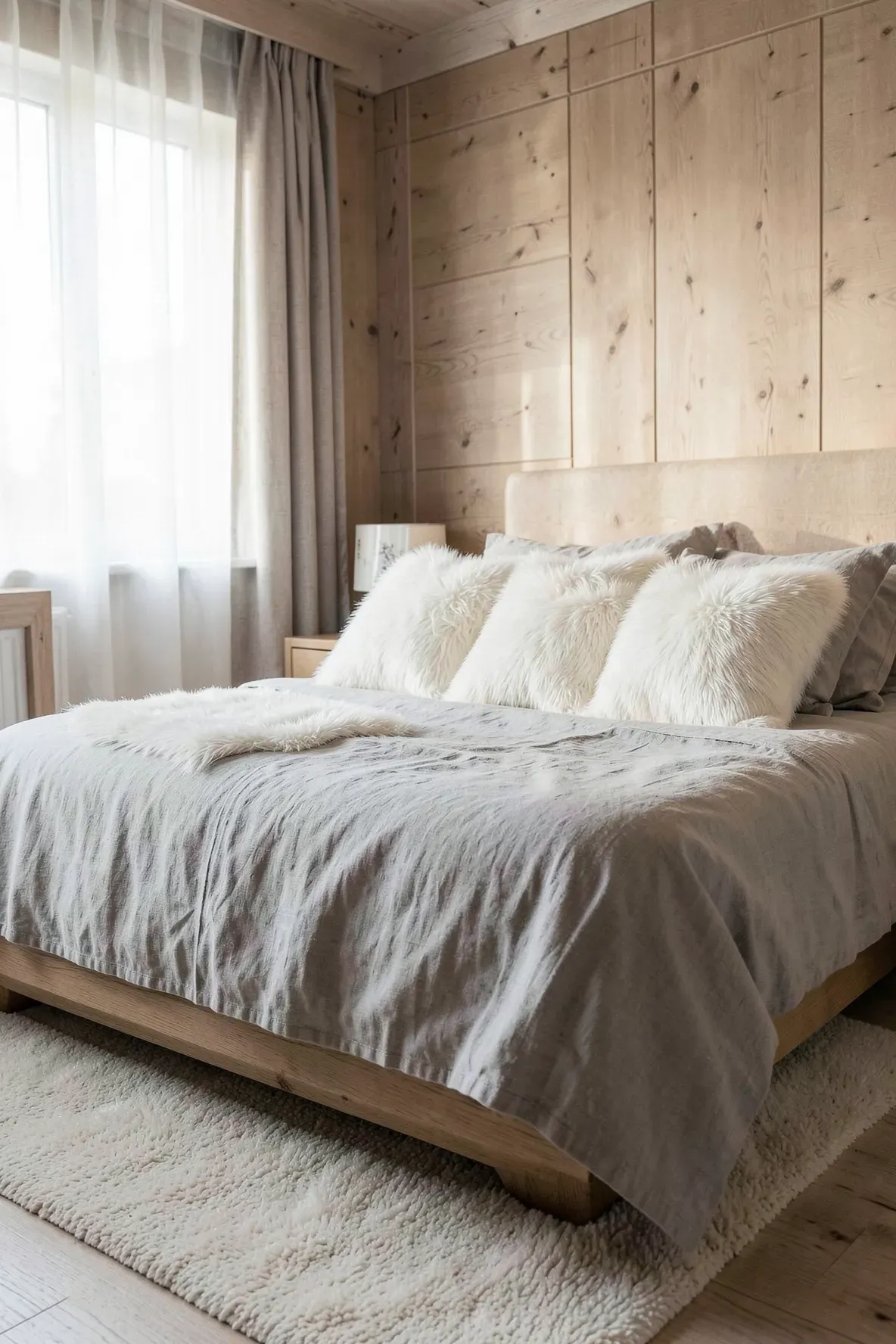 Cozy bedroom featuring textured white faux fur pillows on a grey linen bed.