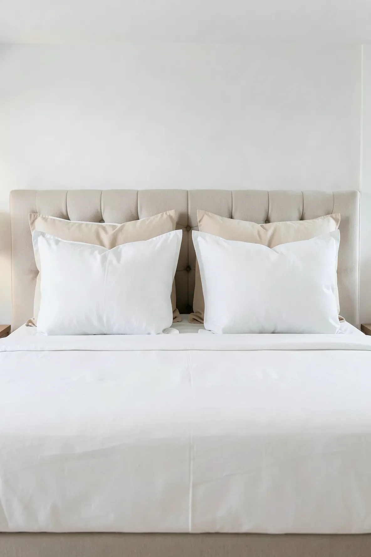 Four standard white pillows propped vertically in two rows against a tufted headboard.