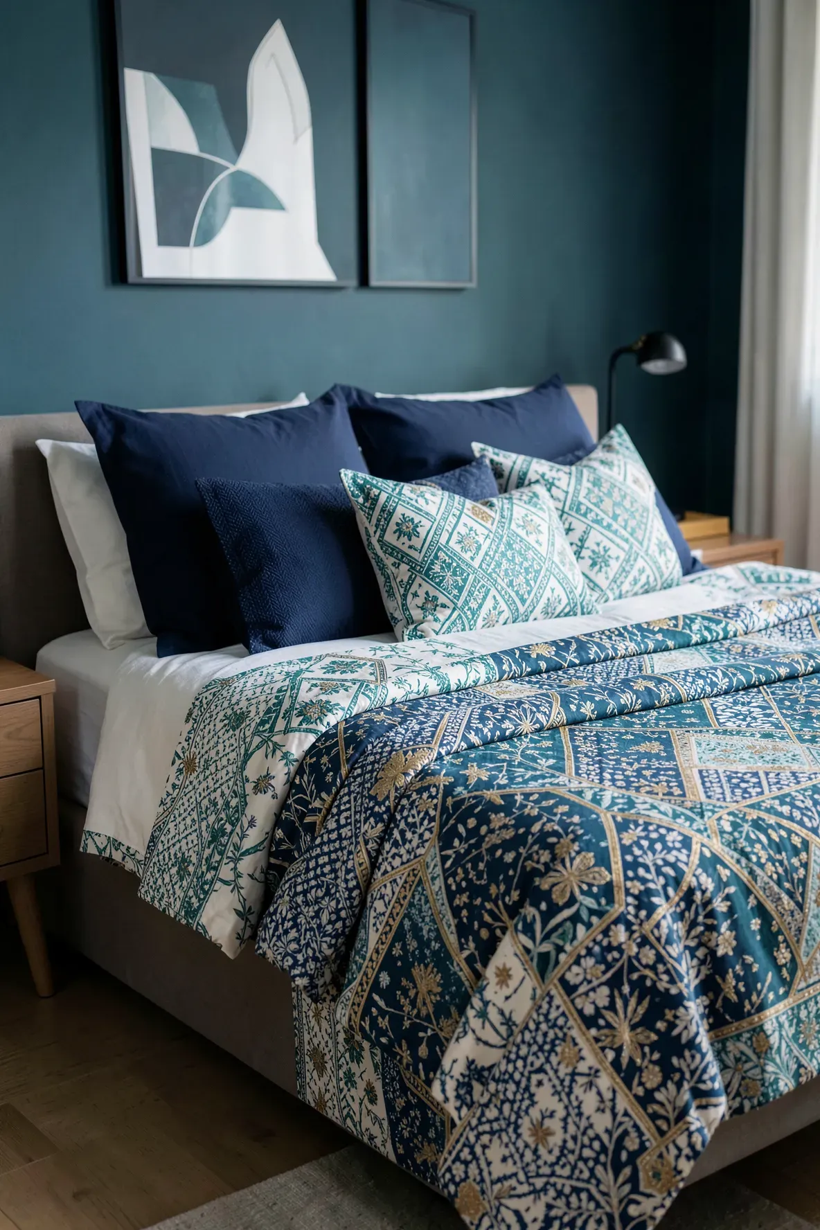 Patterned geometric pillows overlapping solid navy blue pillows on a bed.
