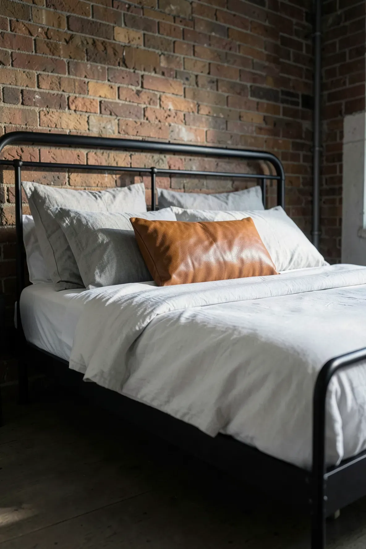 A cognac leather lumbar pillow centered on a bed with light gray and white bedding.