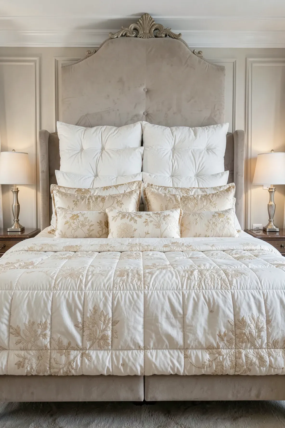 A large king bed with two rows of plush Euro shams against a tall headboard.