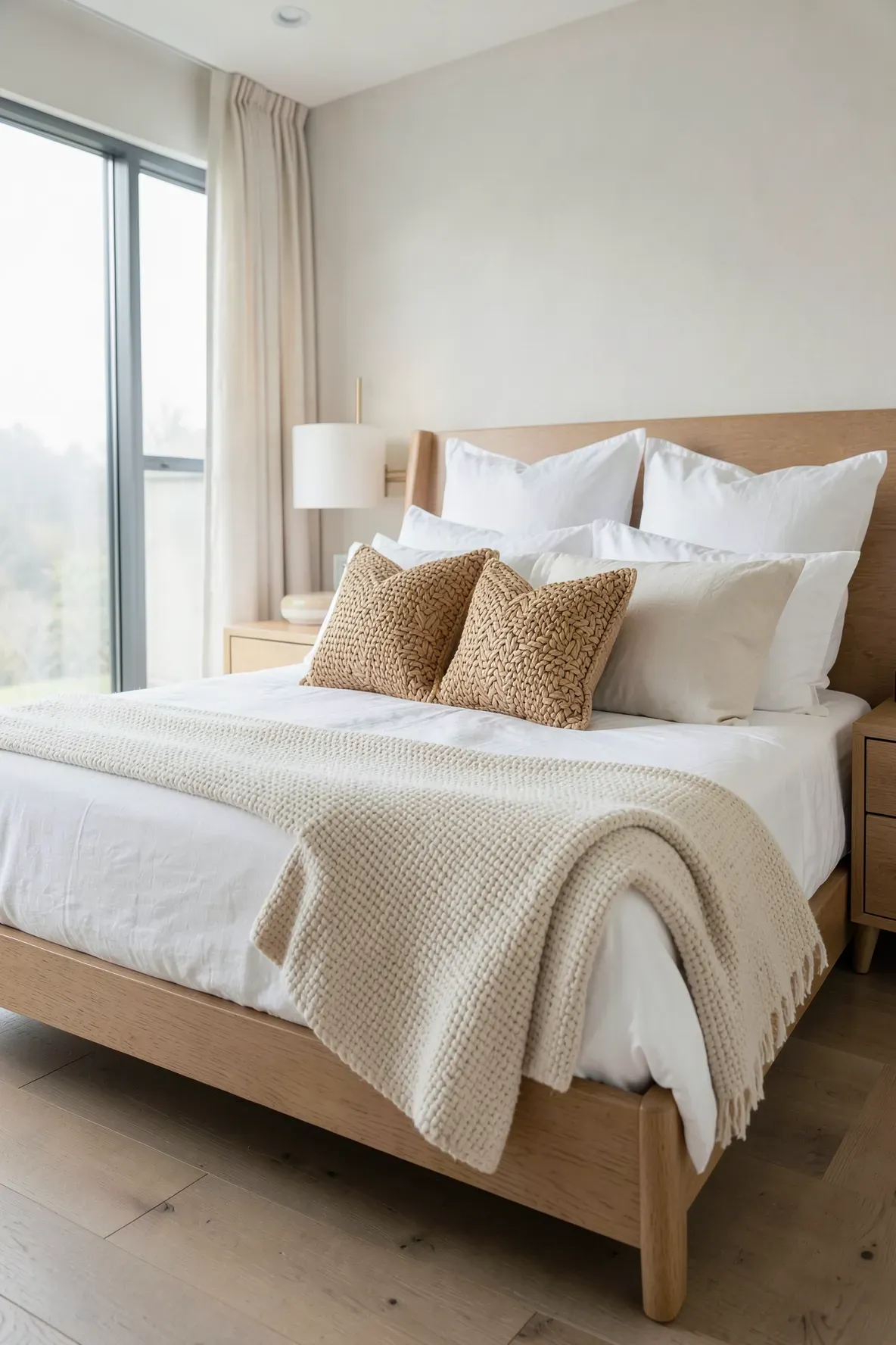 A bright bedroom featuring woven rattan and straw pillows at the front of a white linen bed.