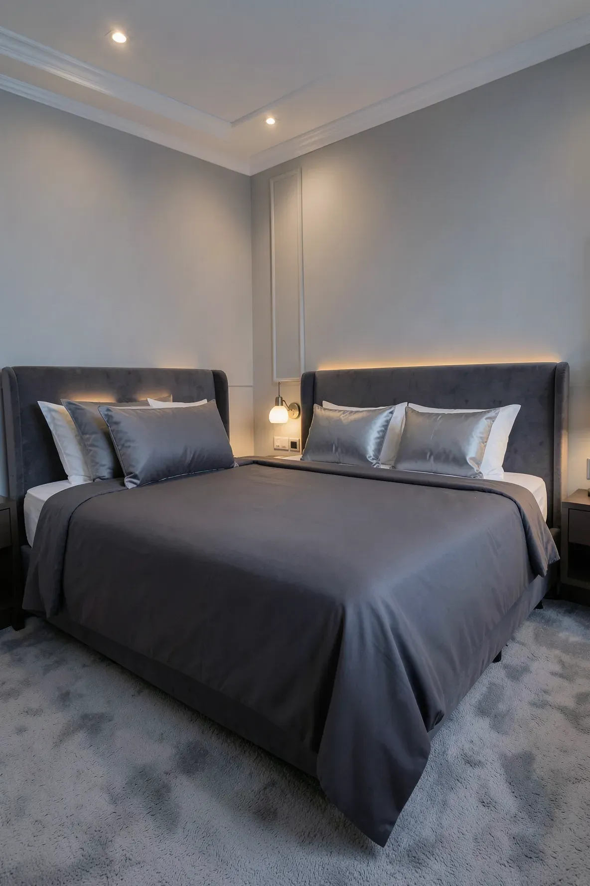 A clean, hotel-inspired bed with pillows tucked smoothly under a charcoal duvet.
