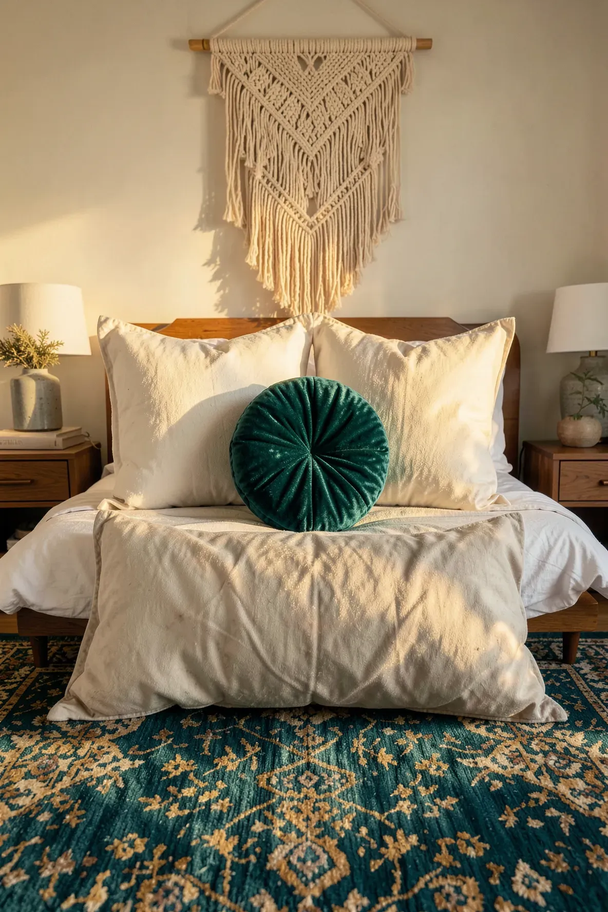 A round teal velvet pillow centered among square cushions on a styled bed.