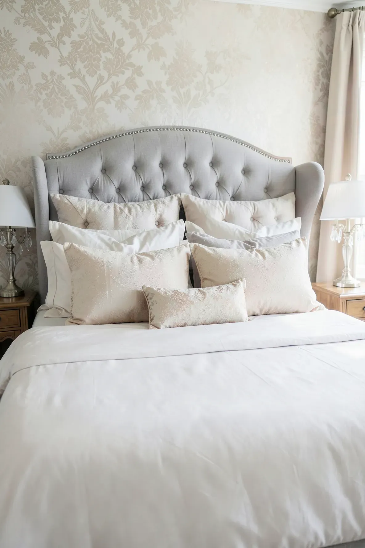 A professionally styled bed with pillows arranged in graduated sizes from large to small.