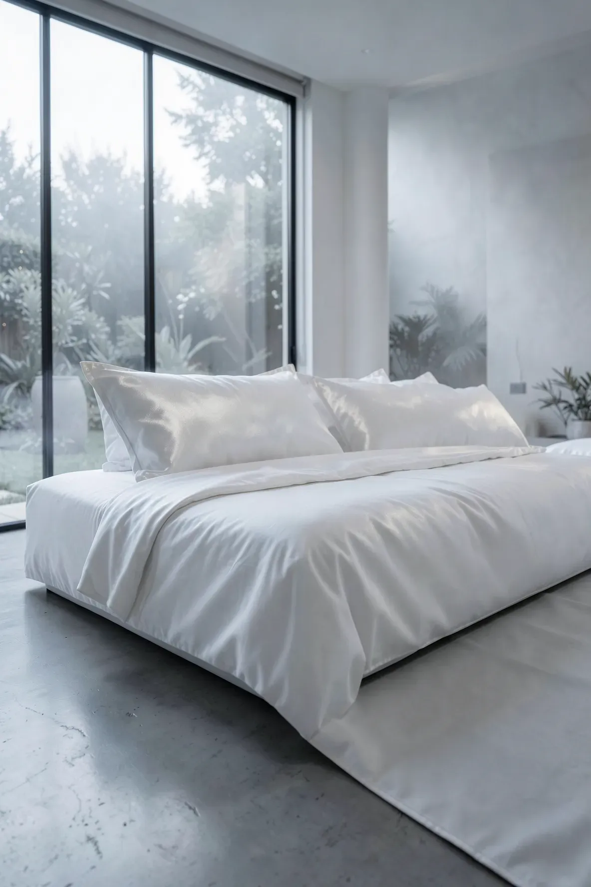 A minimalist white bed featuring a mix of matte cotton and shiny silk monochromatic pillows.