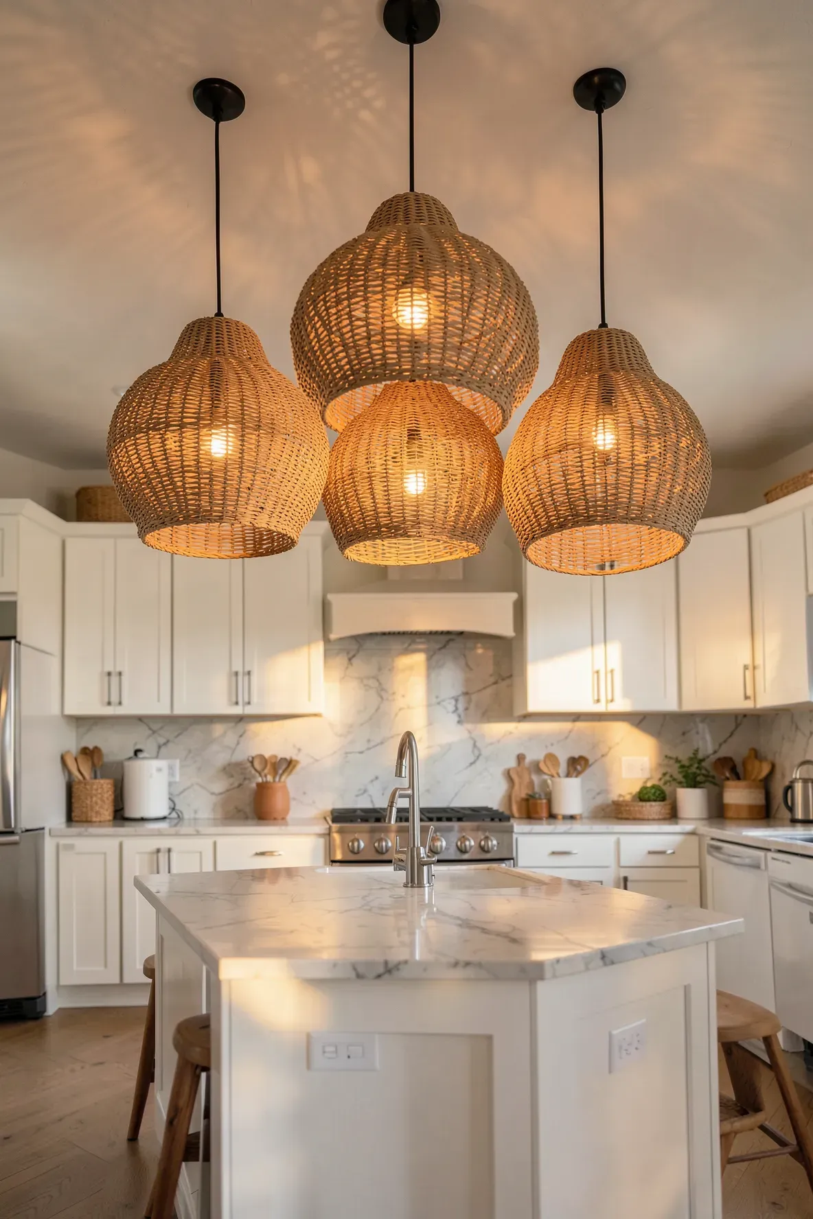 Three large rattan pendant lights hanging over a kitchen island with warm dappled light.