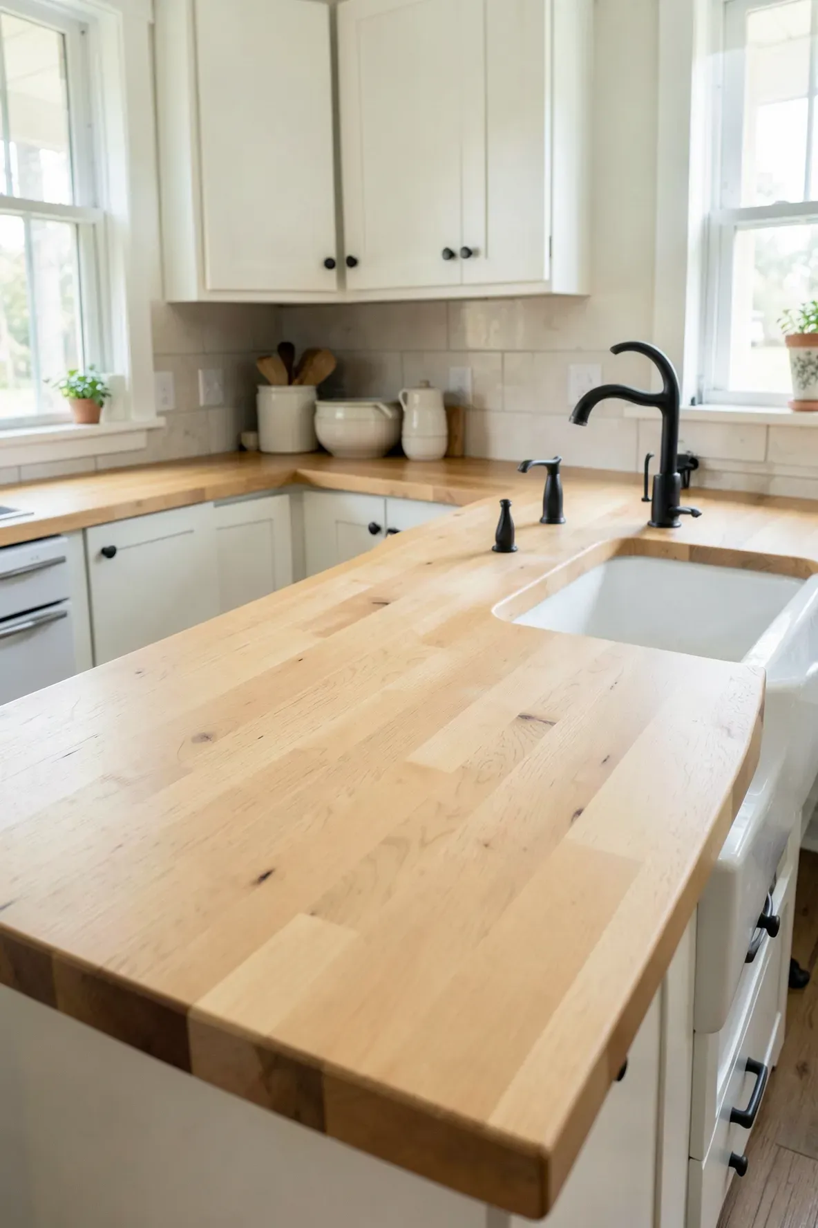 Warm light oak butcher block countertops in a coastal farmhouse style kitchen.