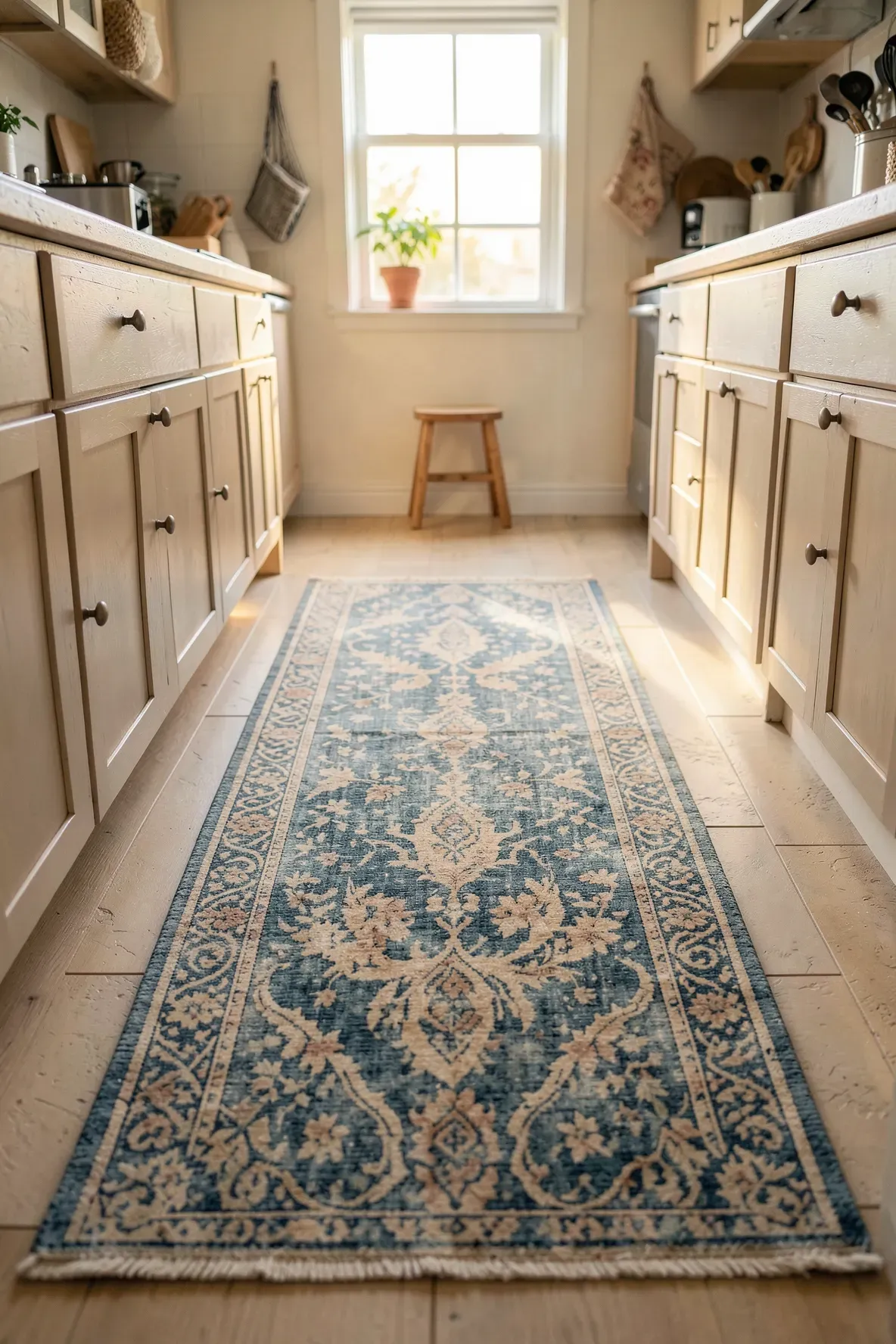 A faded blue and cream vintage Turkish runner rug on a light kitchen floor.