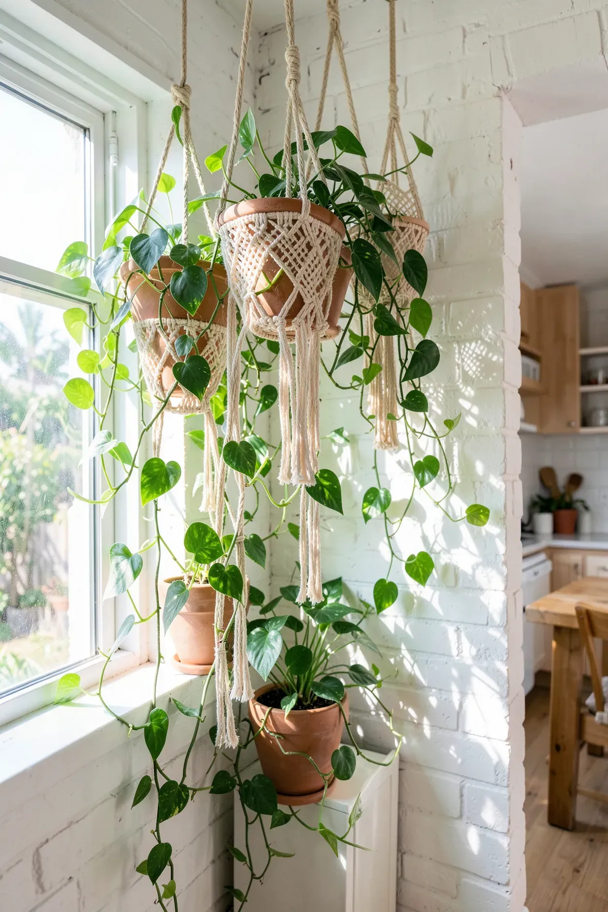 Macramé plant hangers with trailing green pothos vines in a sunny kitchen corner.