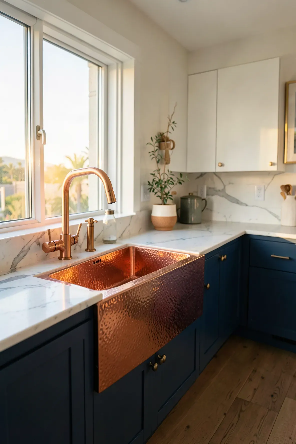 A hammered copper sink with a gooseneck faucet in a bright coastal kitchen with blue cabinets.
