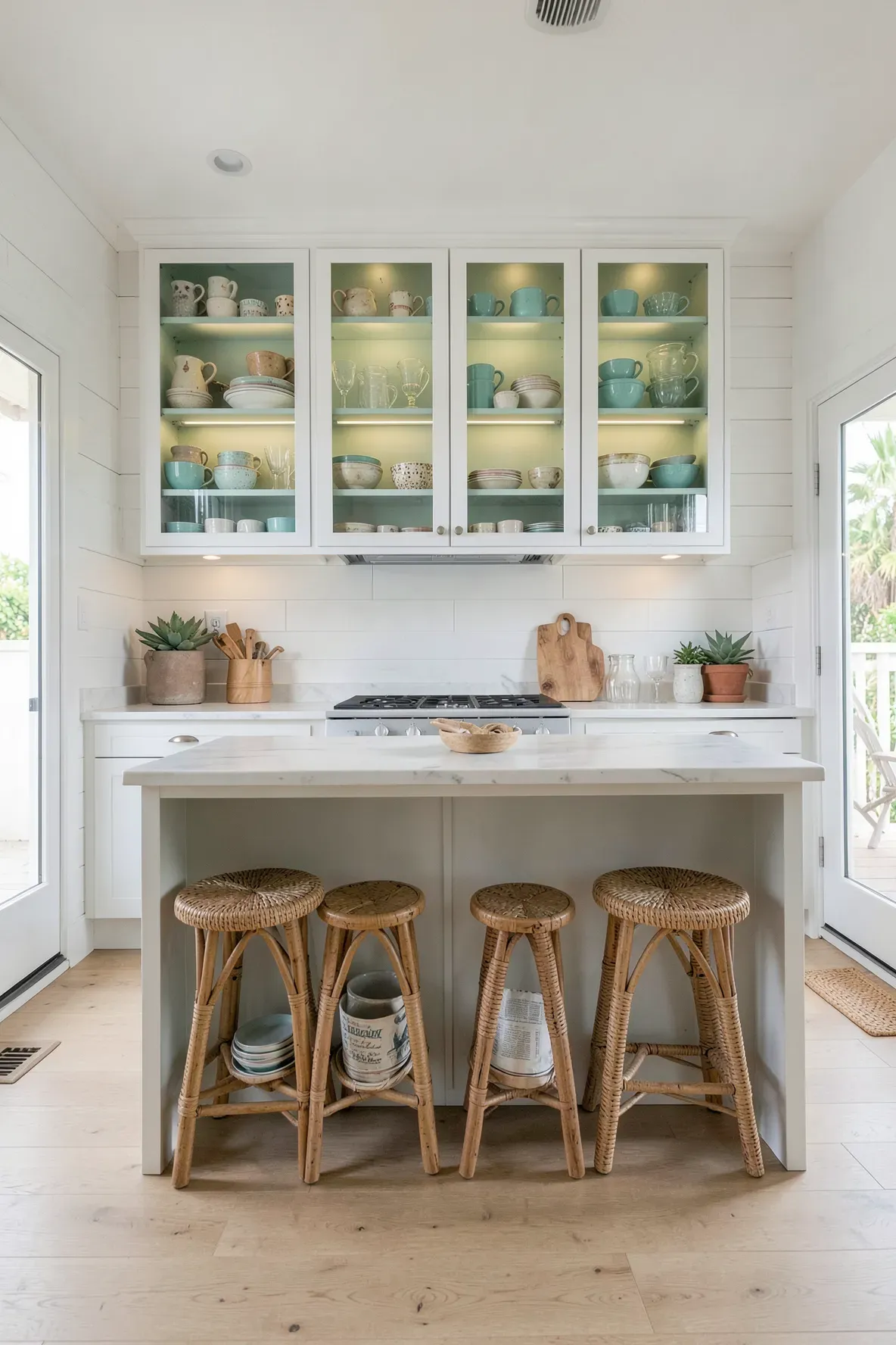 Glass-front kitchen cabinets with seafoam green interiors displaying a collection of colorful mugs.