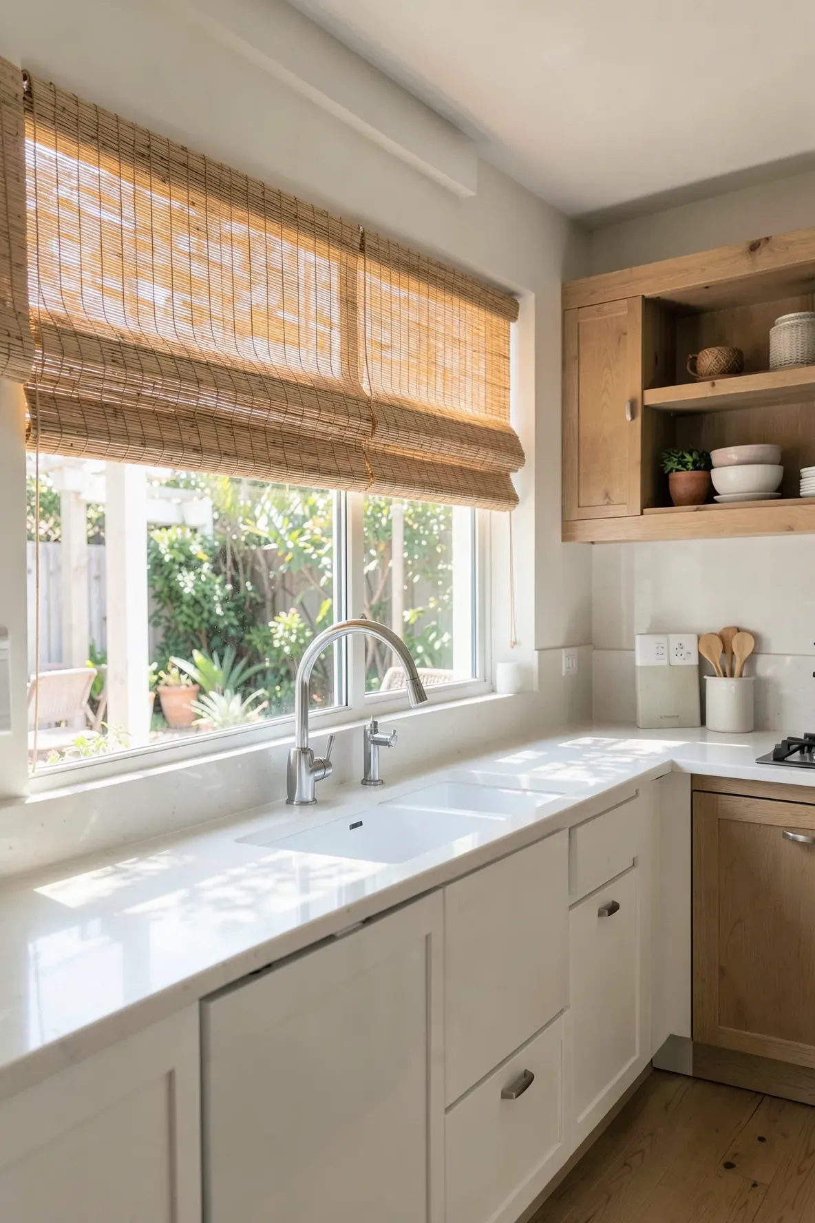 Natural bamboo window shades filtering sunlight in a bright, white coastal boho kitchen.