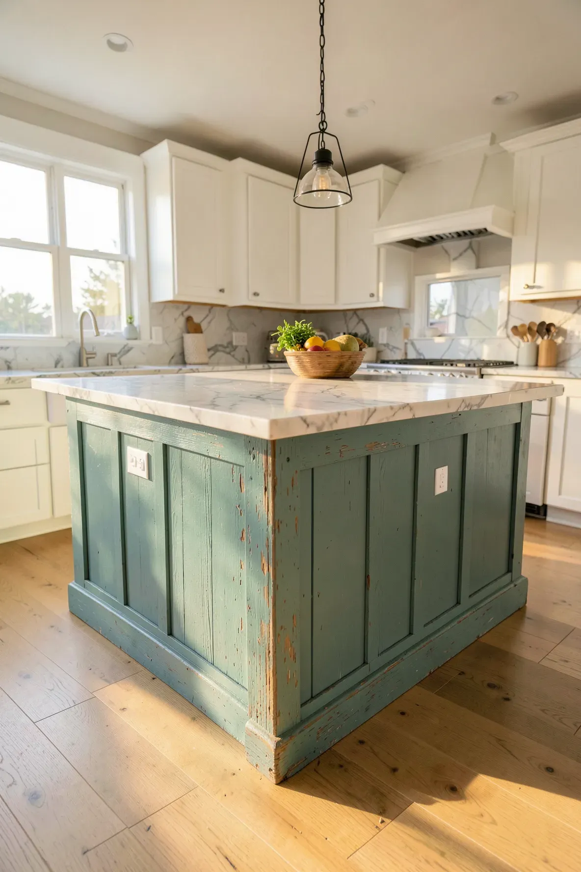 A coastal kitchen featuring a weathered teal island with a distressed wood finish and marble top.