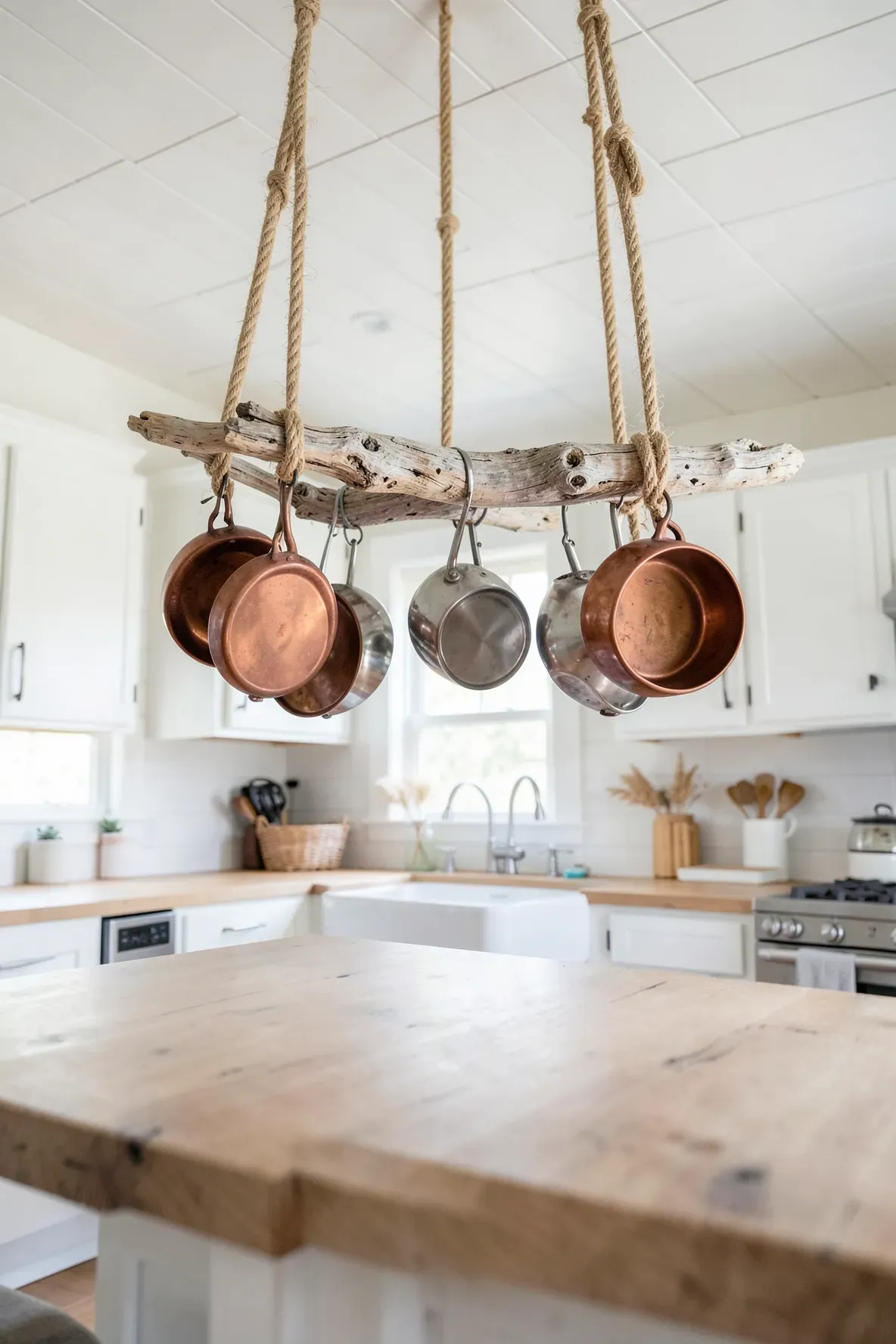A rustic driftwood branch used as a hanging pot rack with copper pans in a white coastal kitchen.