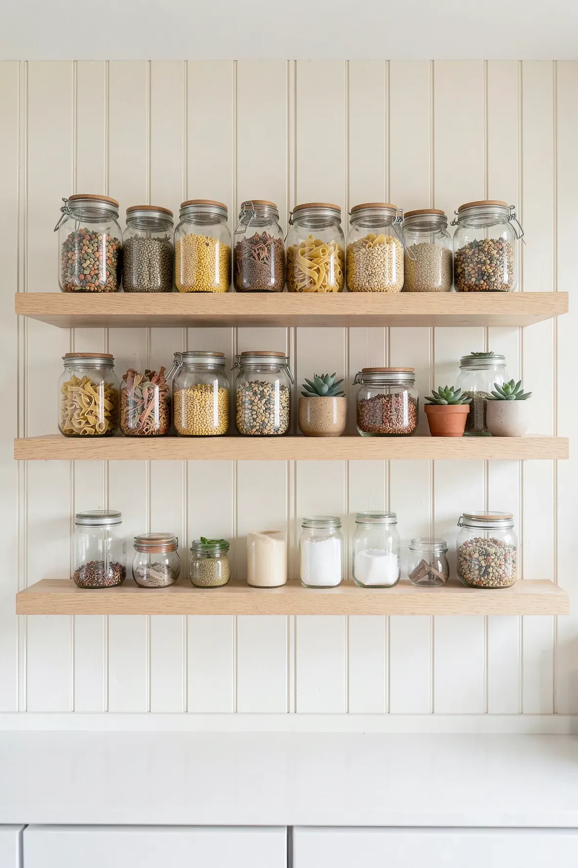 Wooden floating shelves with mason jars of dried goods on a white shiplap wall.