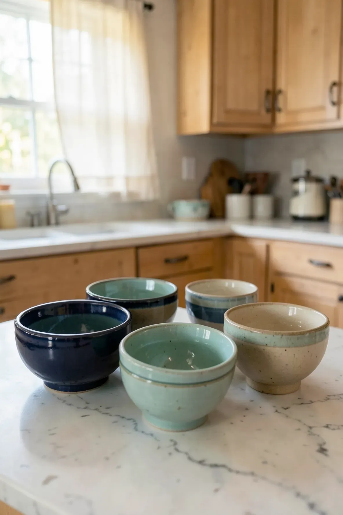 Hand-thrown ceramic bowls in navy and seafoam green on a coastal kitchen counter.