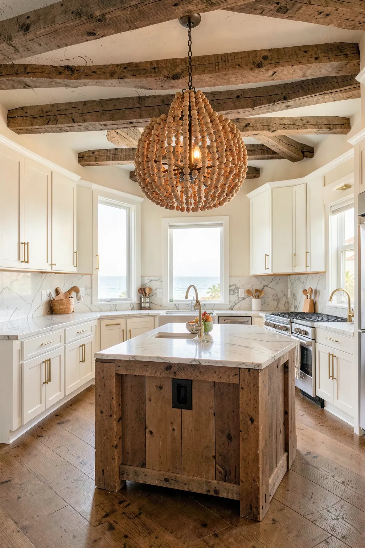 A bright coastal kitchen featuring a large natural wood beaded chandelier hanging over a rustic island.