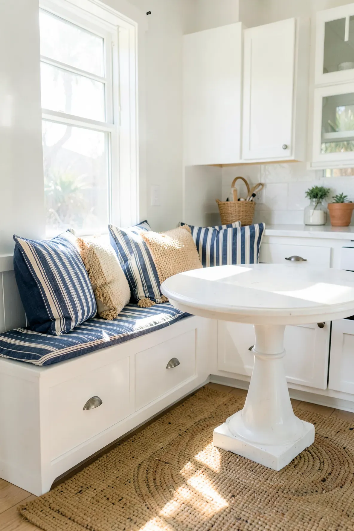 A cozy kitchen breakfast nook with blue and white striped linen cushions and a wooden table.