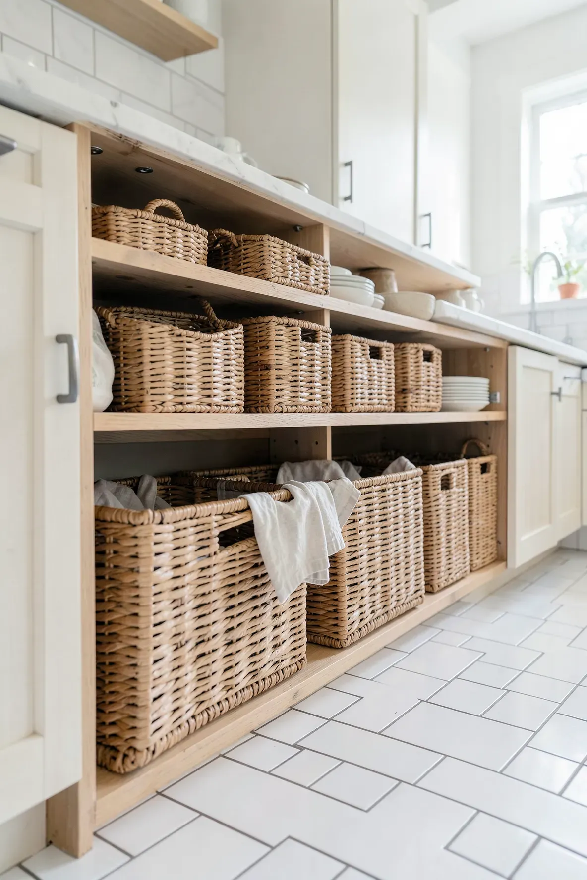 Large wicker baskets neatly tucked into open light-wood lower kitchen cabinets.