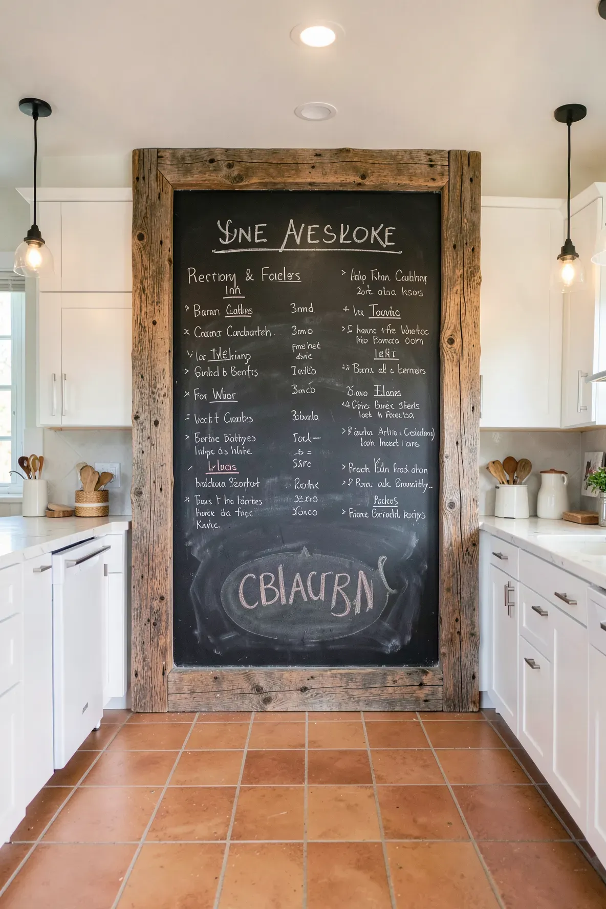 A large chalkboard menu wall with a rustic timber frame in a bright boho kitchen.