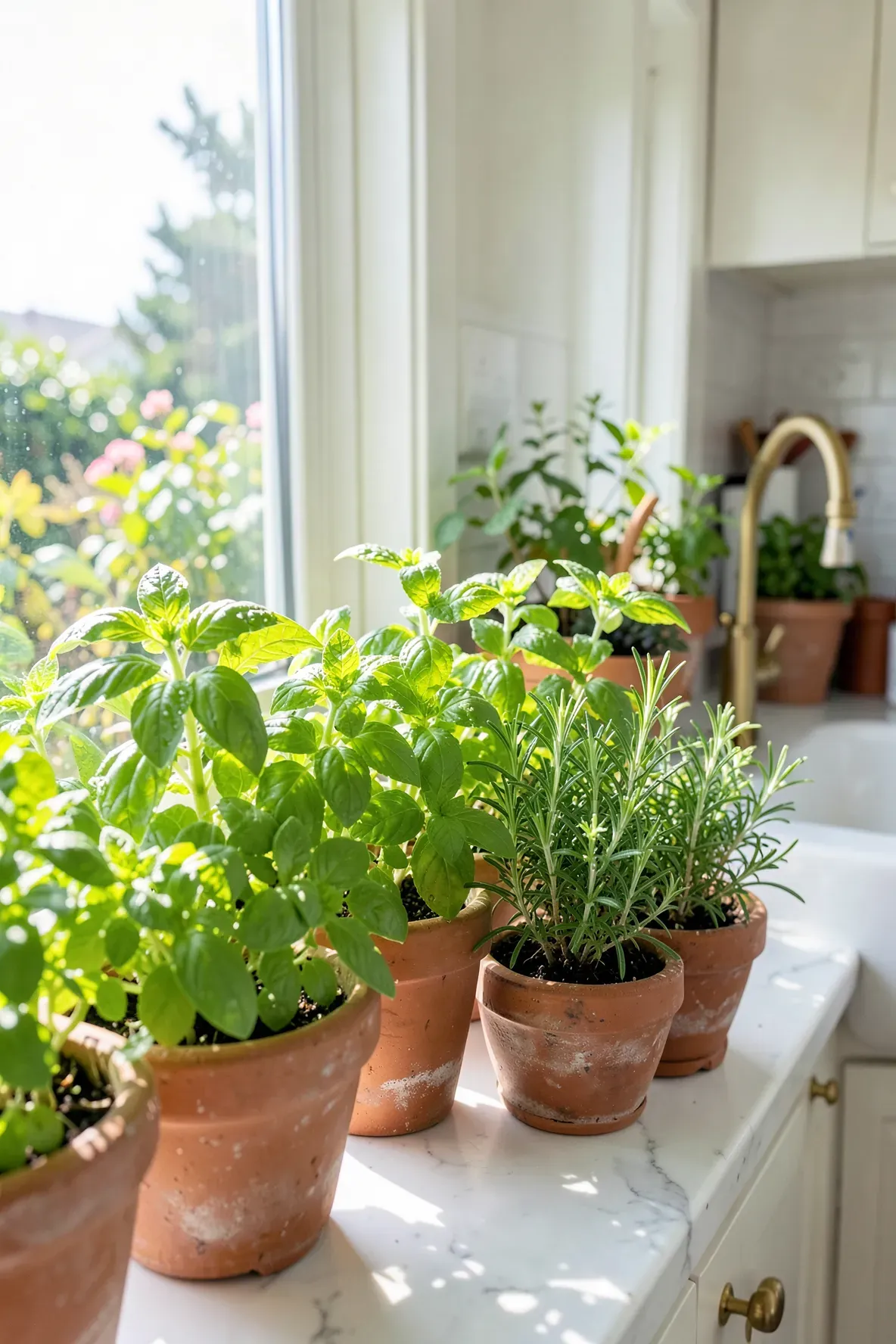 Fresh herbs growing in various terracotta pots on a sunny white kitchen windowsill.
