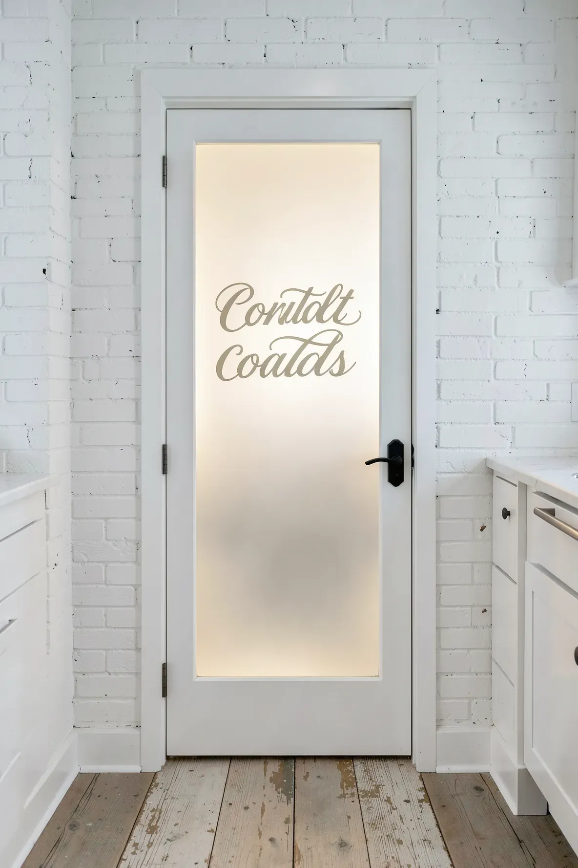 A white pantry door with frosted glass and vintage 'Pantry' lettering in a coastal kitchen.