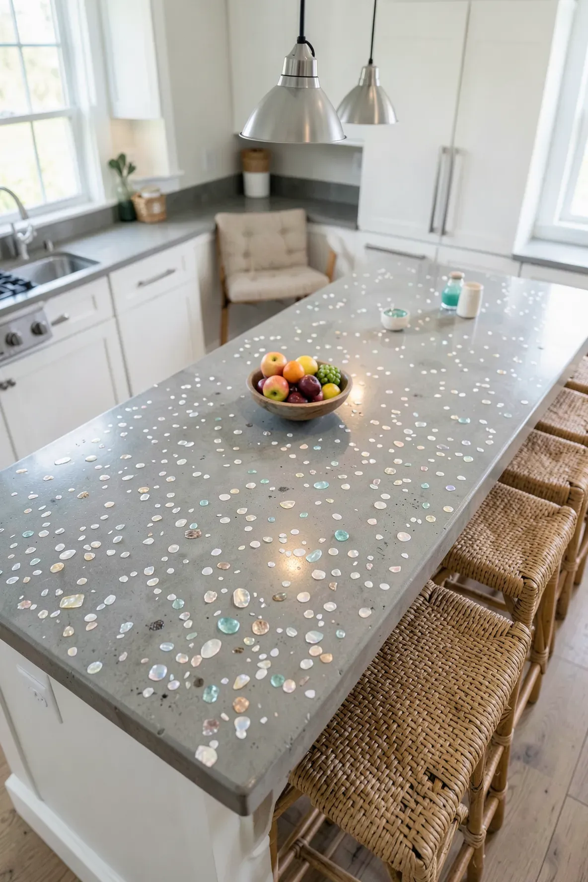 A polished grey concrete kitchen island with tiny shimmering seashells embedded in the surface.