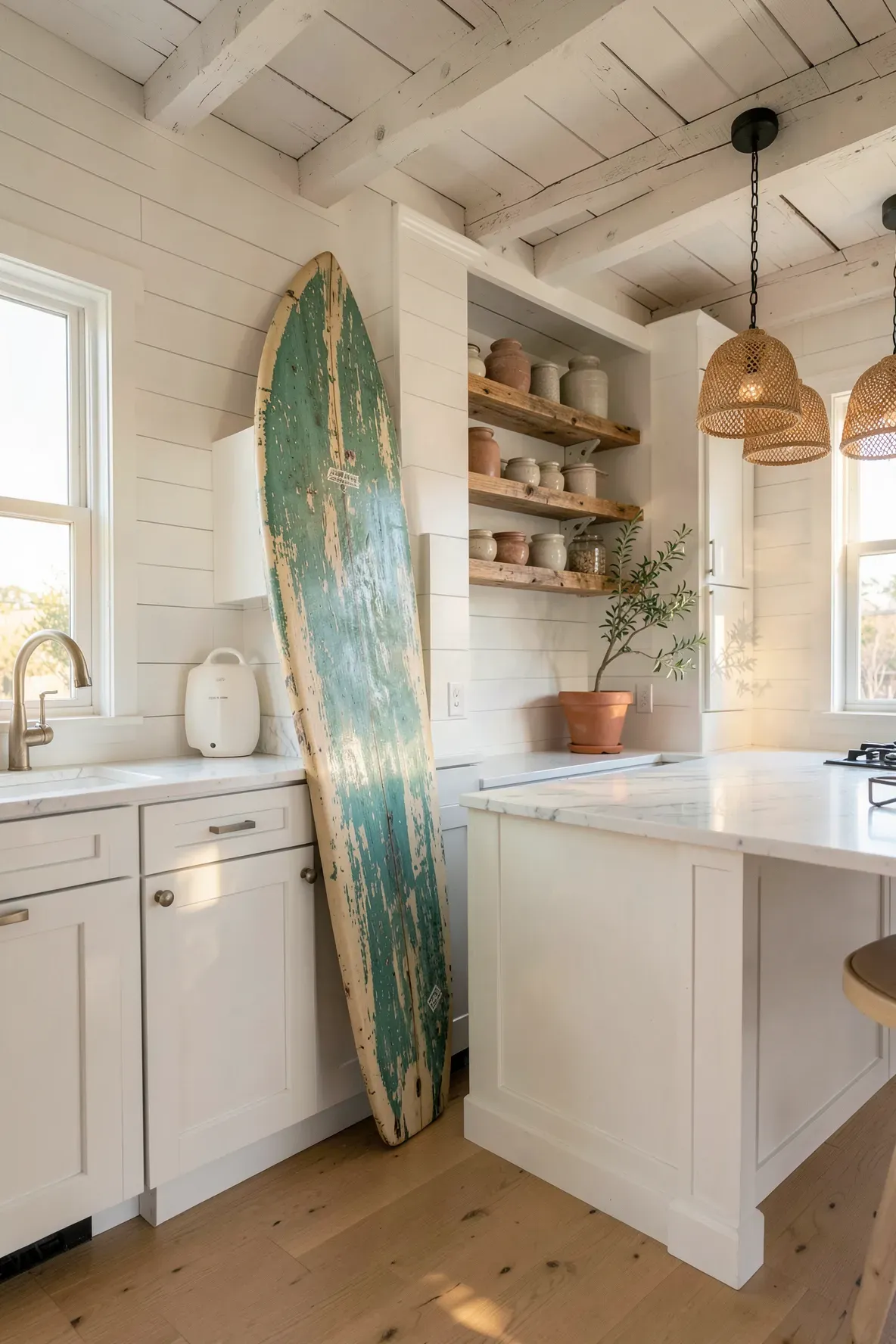 A bright coastal boho kitchen with white shiplap walls and a vintage surfboard leaning in the corner.