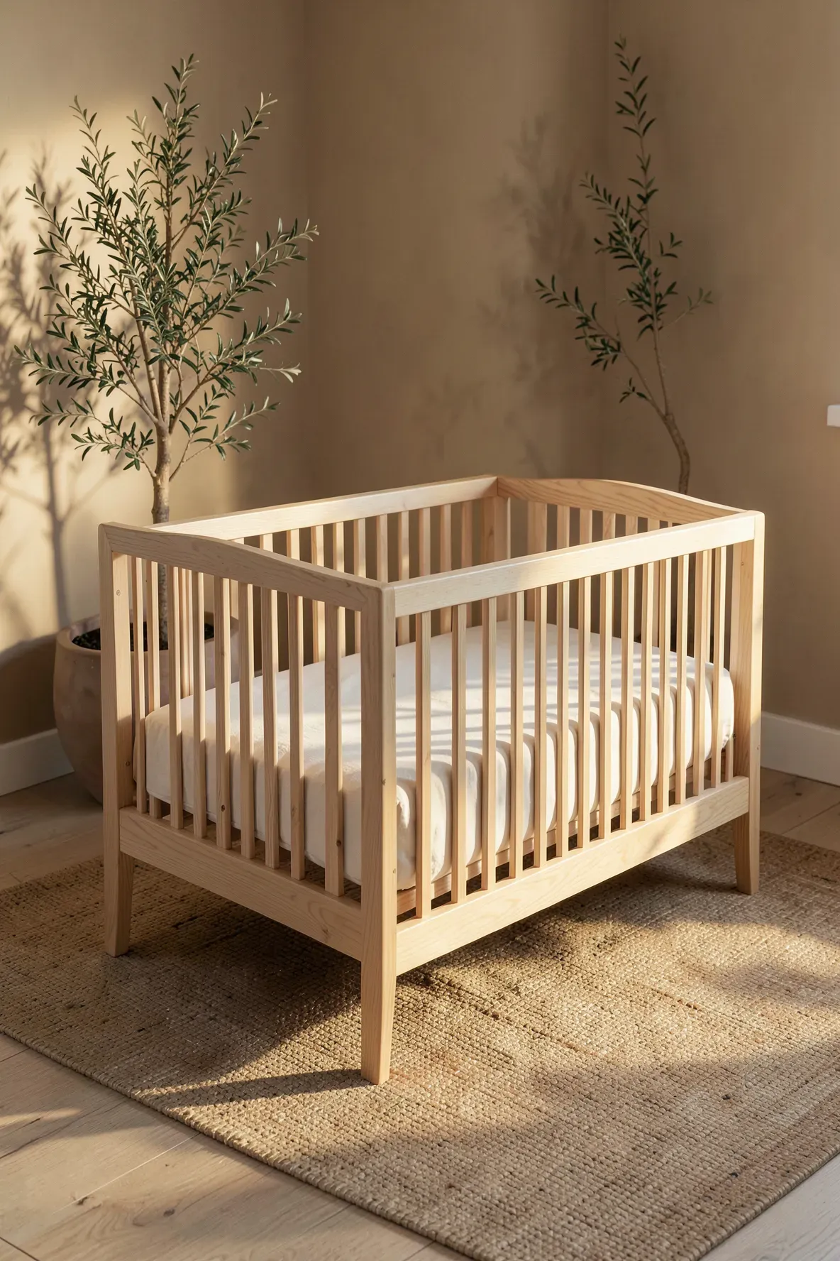 A light birch wood crib with vertical slats in a sunlit, Scandinavian-style nursery.