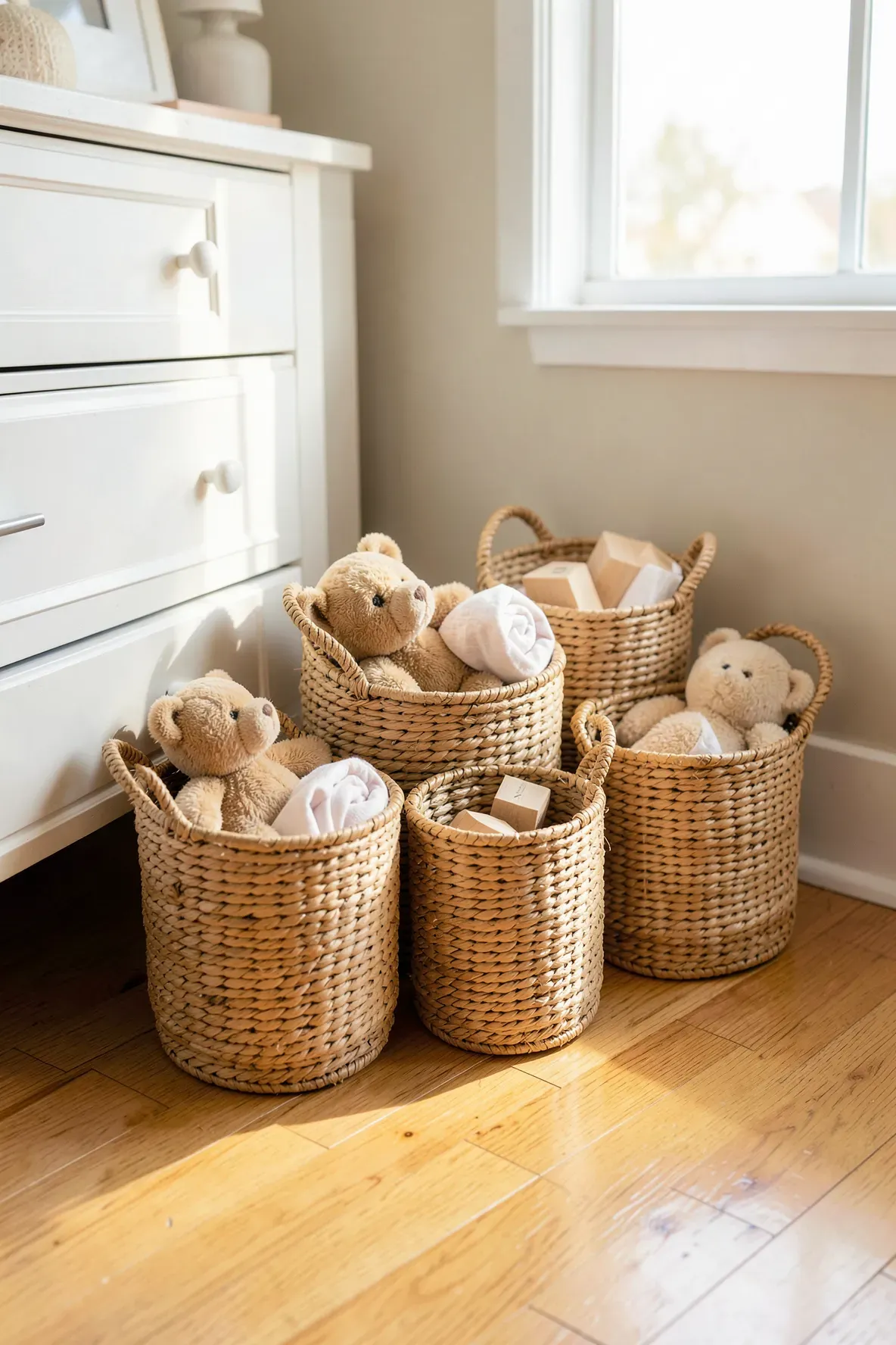 Set of natural woven seagrass baskets used for toy storage in a clean, sunlit nursery.