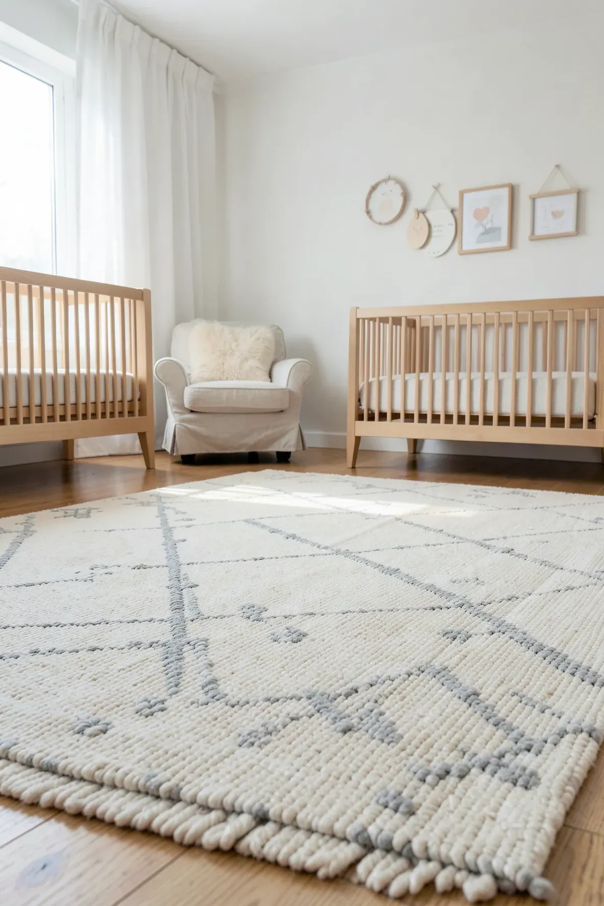 A textured hand-knotted wool rug in a bright, modern nursery with a wooden crib.