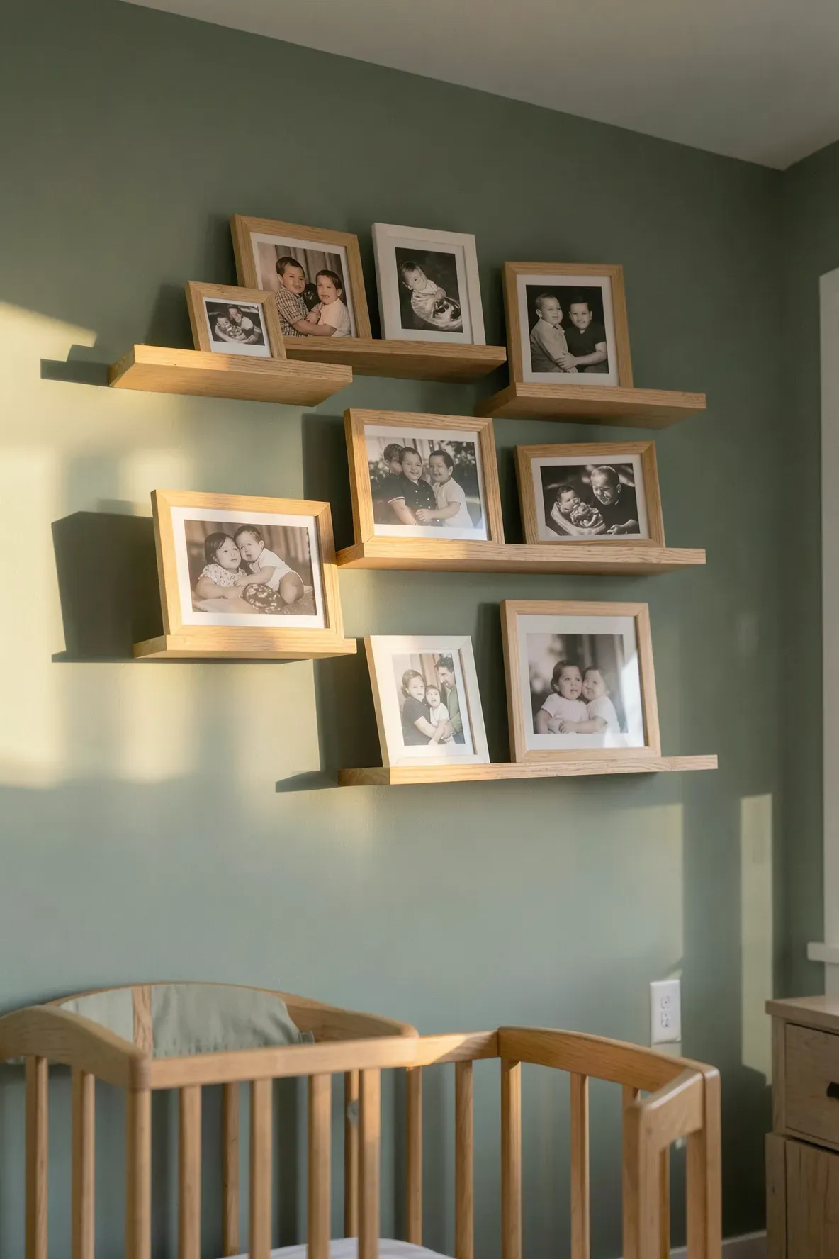 Staggered oak floating shelves on a sage green wall holding framed photos in a nursery.