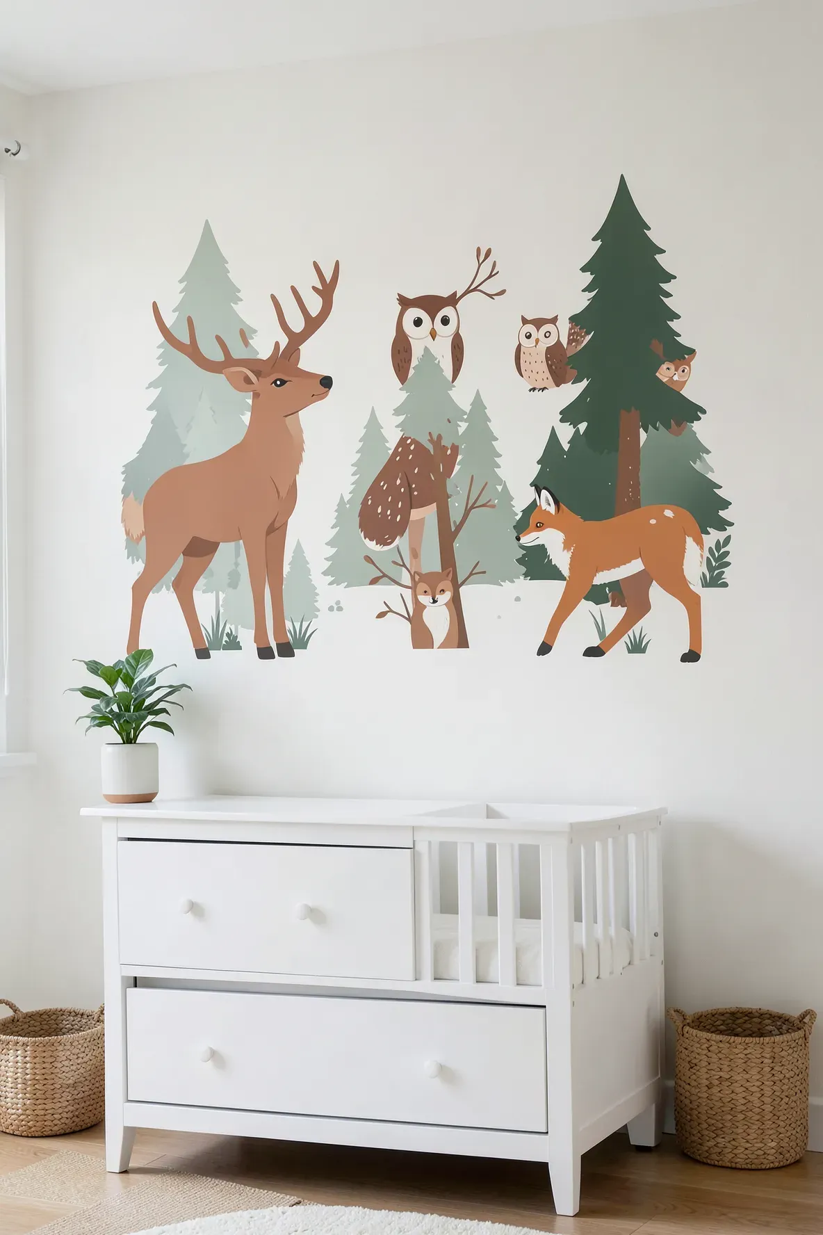 Whimsical forest animal wall decals above a white dresser in a clean, bright nursery.