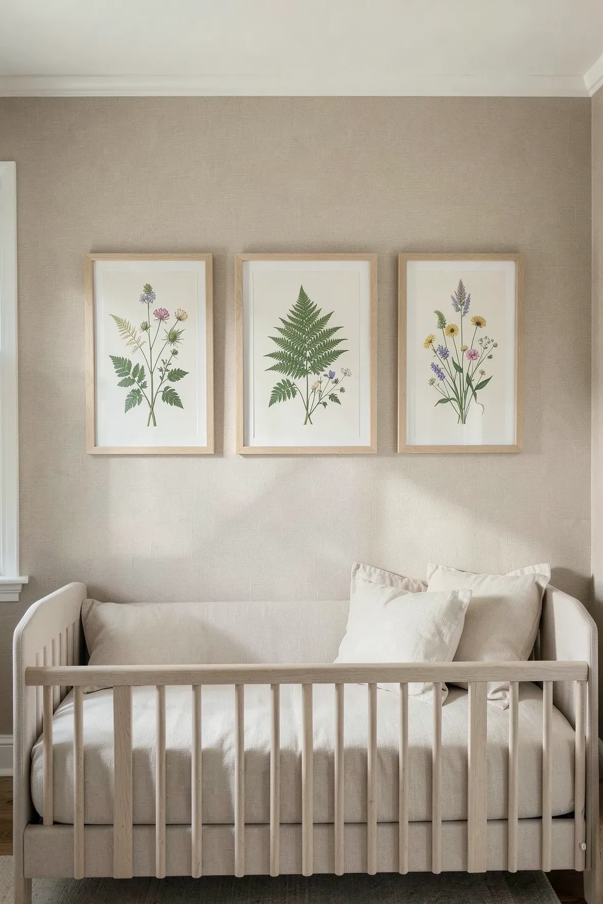 Three oak-framed botanical prints hanging on a beige wall in a sophisticated nursery.