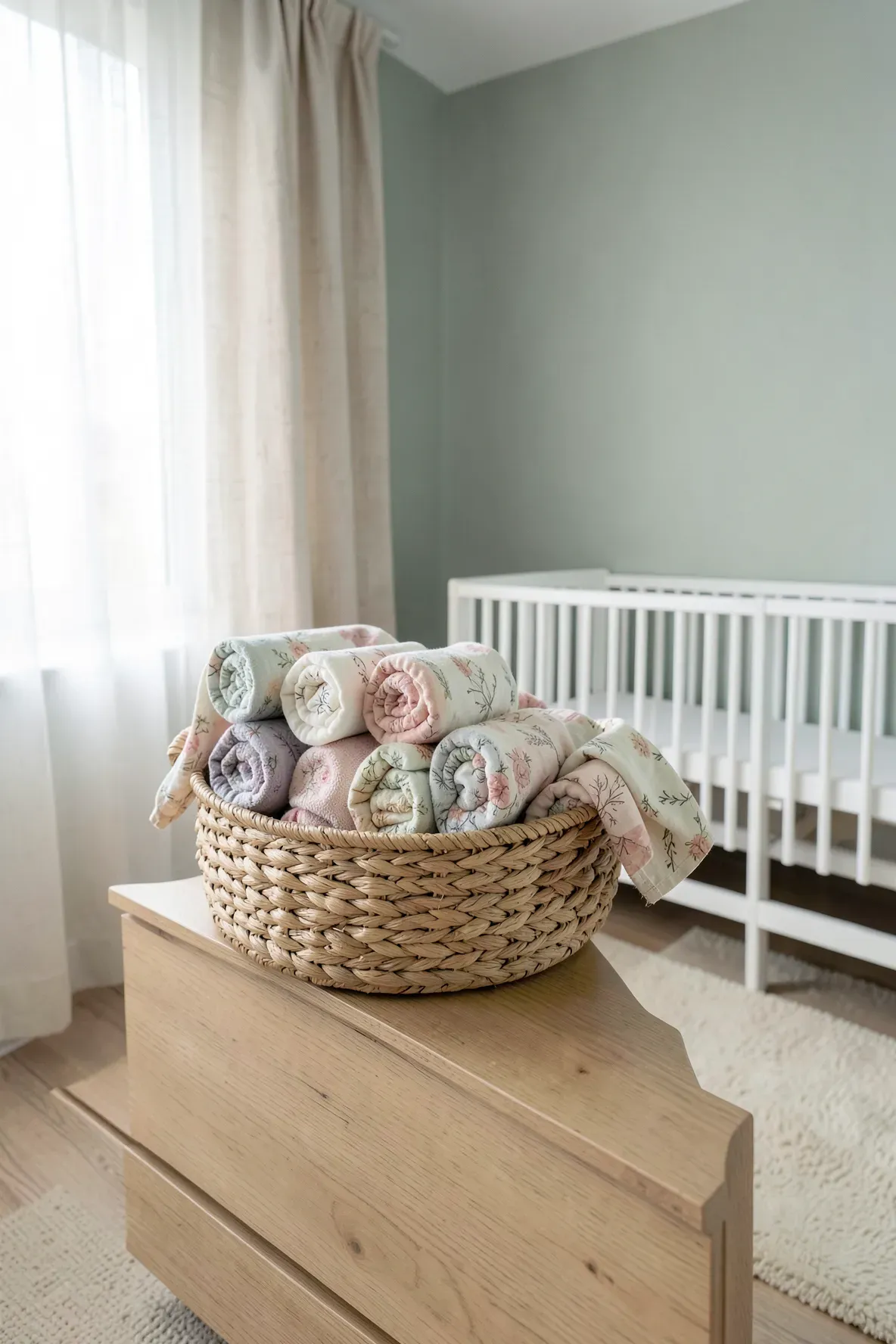 Rolled muslin swaddle blankets in a woven basket on a wooden dresser in a bright, modern nursery.