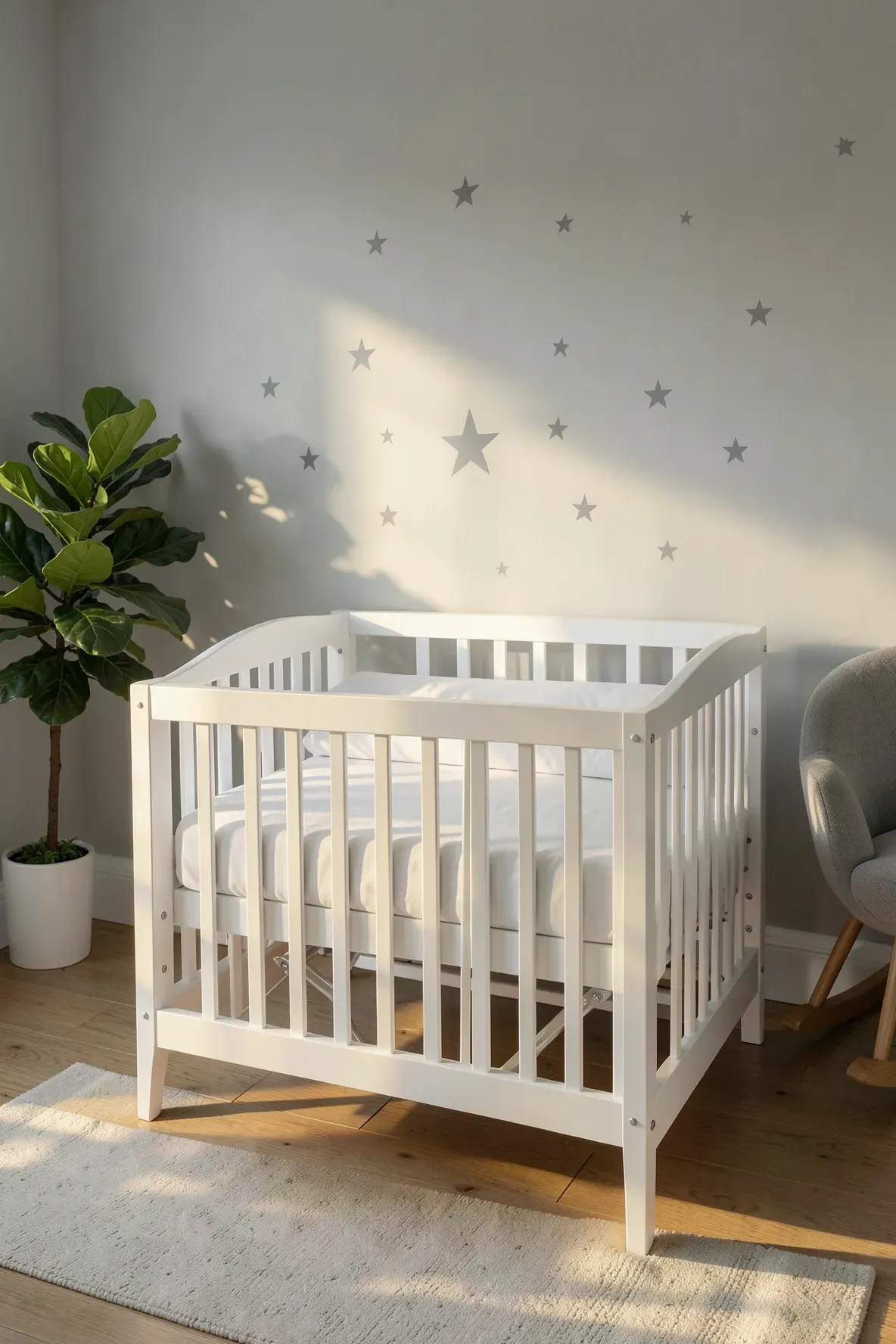 A white wooden crib with adjustable mattress support in a well-lit, modern nursery room.