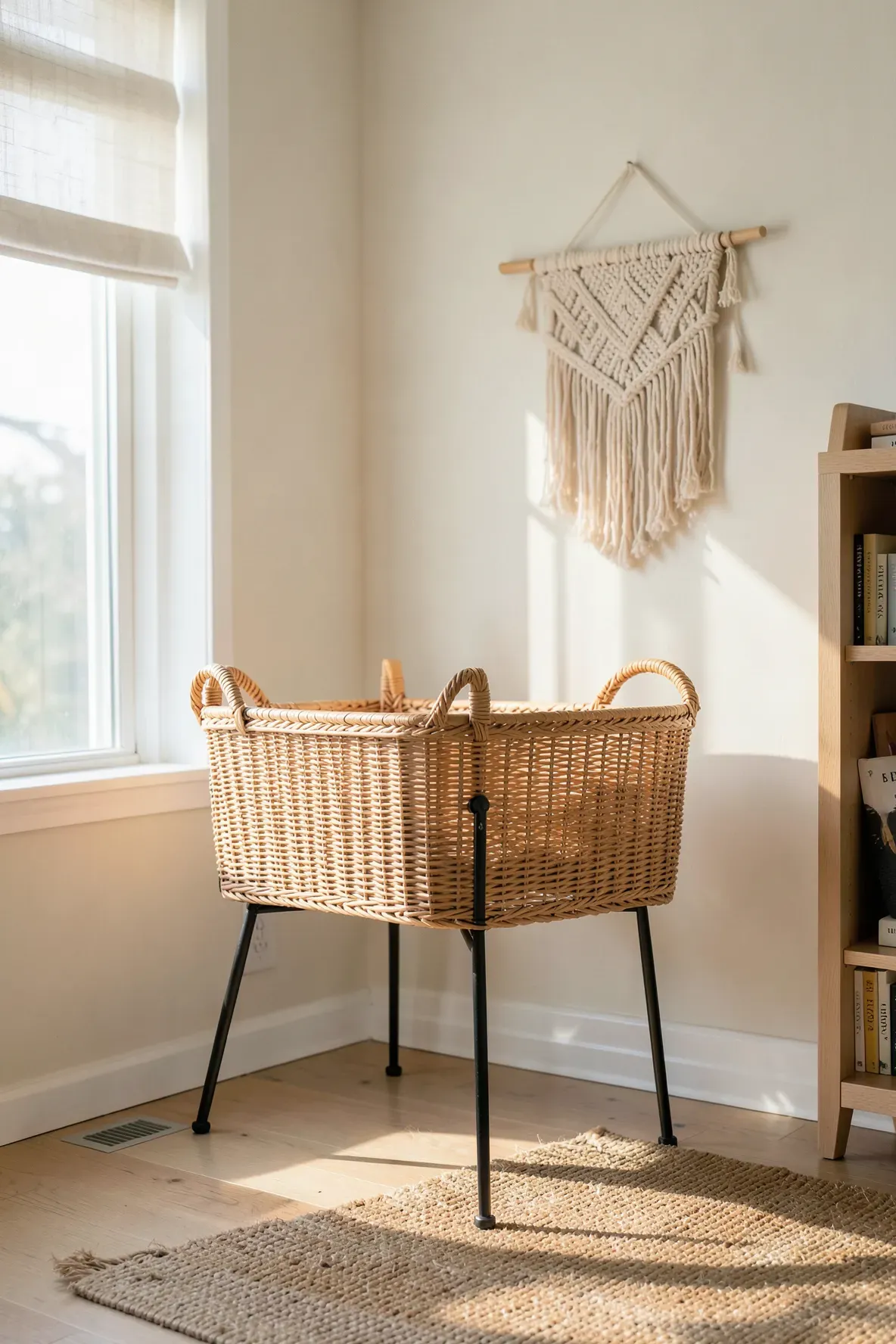 A vintage-style woven rattan bassinet on a stand in a sunlit, boho-themed baby nursery.