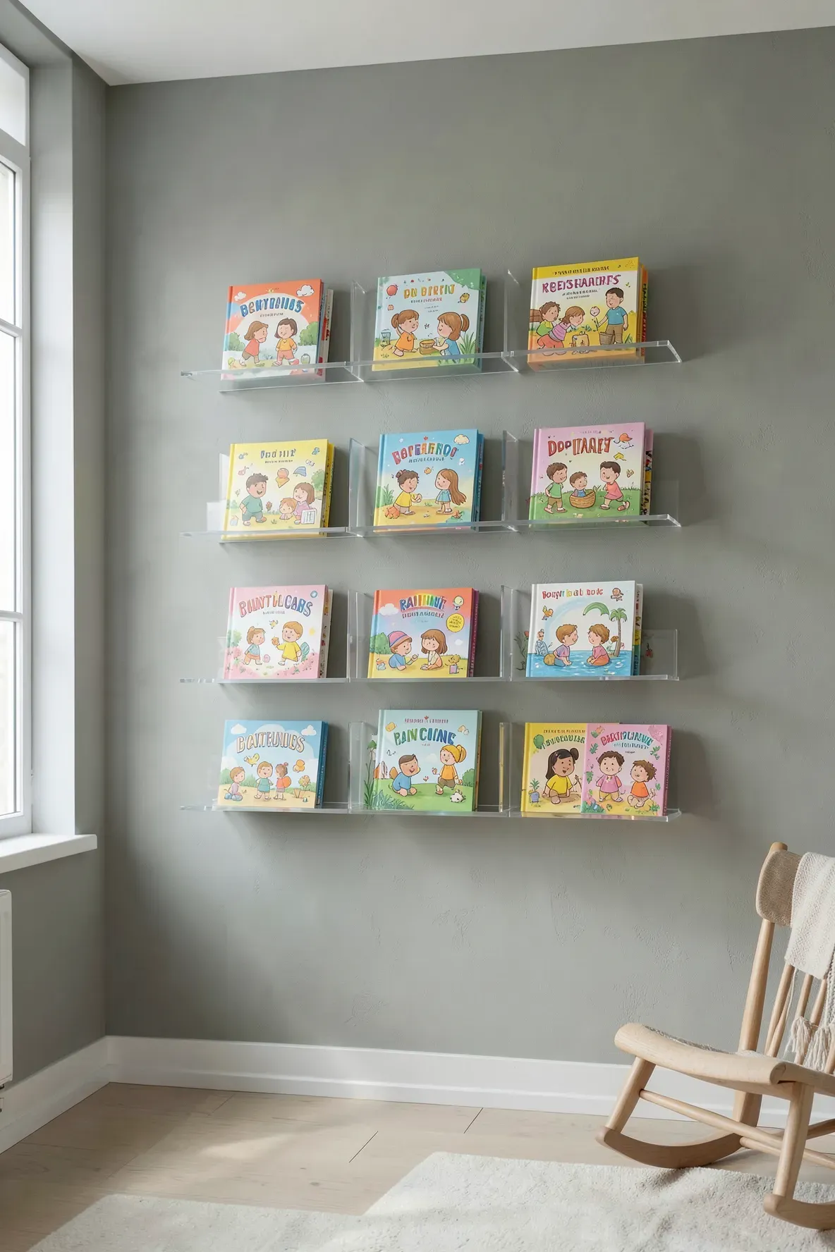 Clear acrylic floating shelves displaying colorful children's books on a soft grey nursery wall.