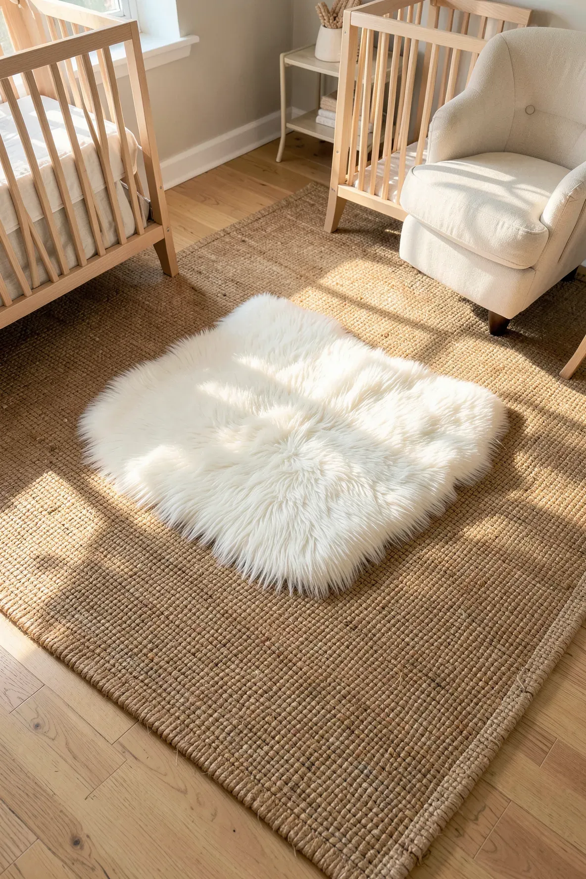 A plush white shag rug layered over a large tan jute rug in a bright, modern nursery.