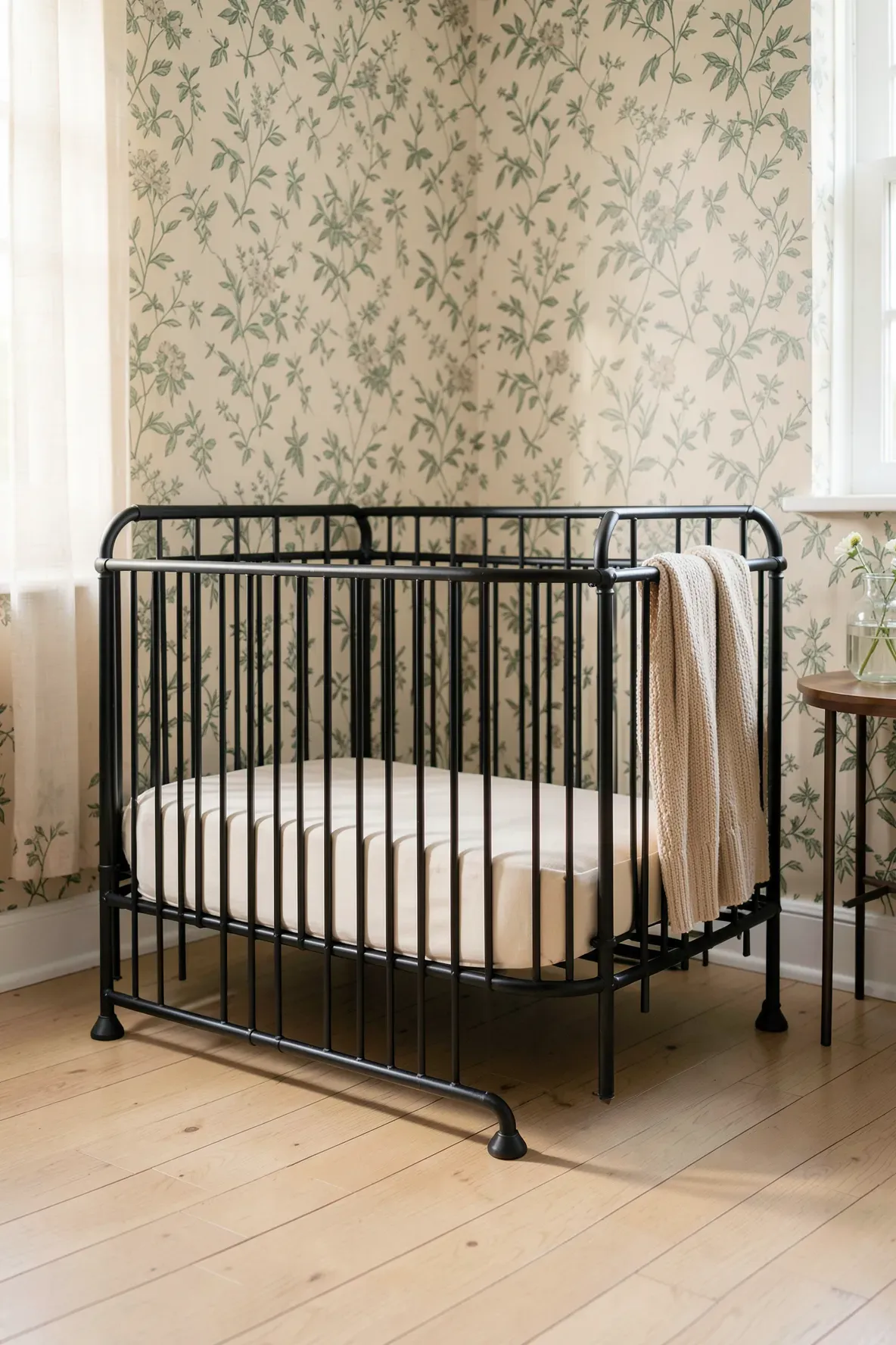 A matte black metal spindle crib styled with a knit blanket in a vintage-themed nursery.