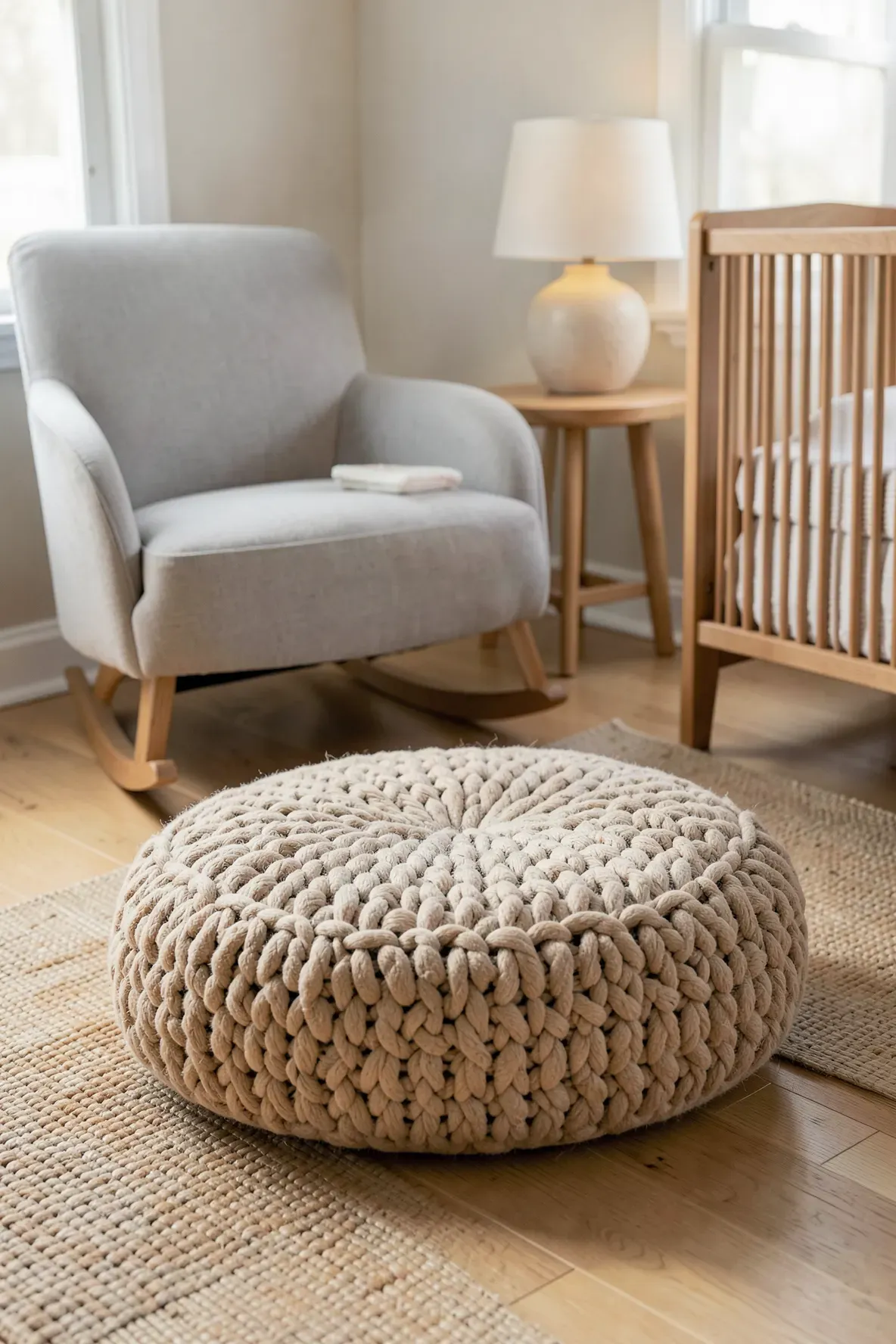 A chunky oatmeal-colored knitted pouf sitting on the floor next to a nursery glider chair.