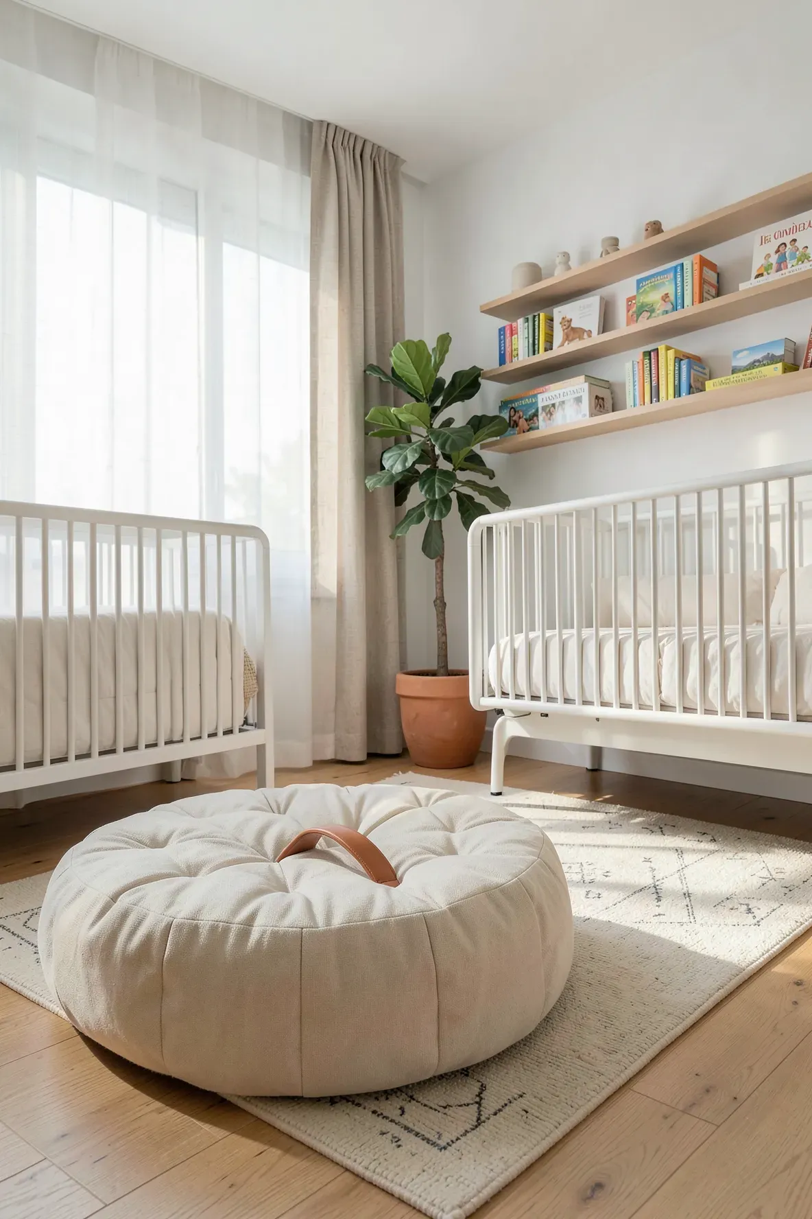 A wide shot of a modern nursery featuring a large cream floor cushion next to a white crib and bookshelves.