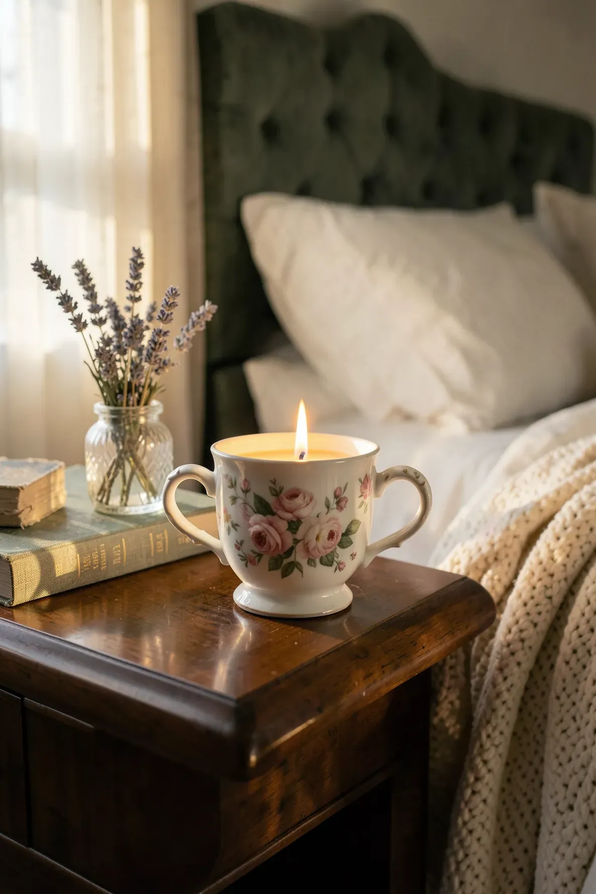 A vintage floral teacup candle with a lit wick sitting on a wooden bedside table in a sunlit room.