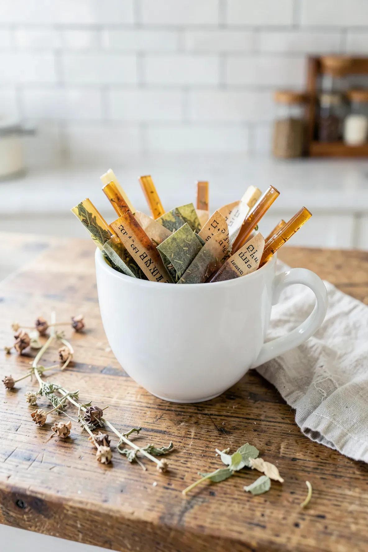 A white porcelain cup filled with tea bags and honey sticks on a bright wooden kitchen counter.