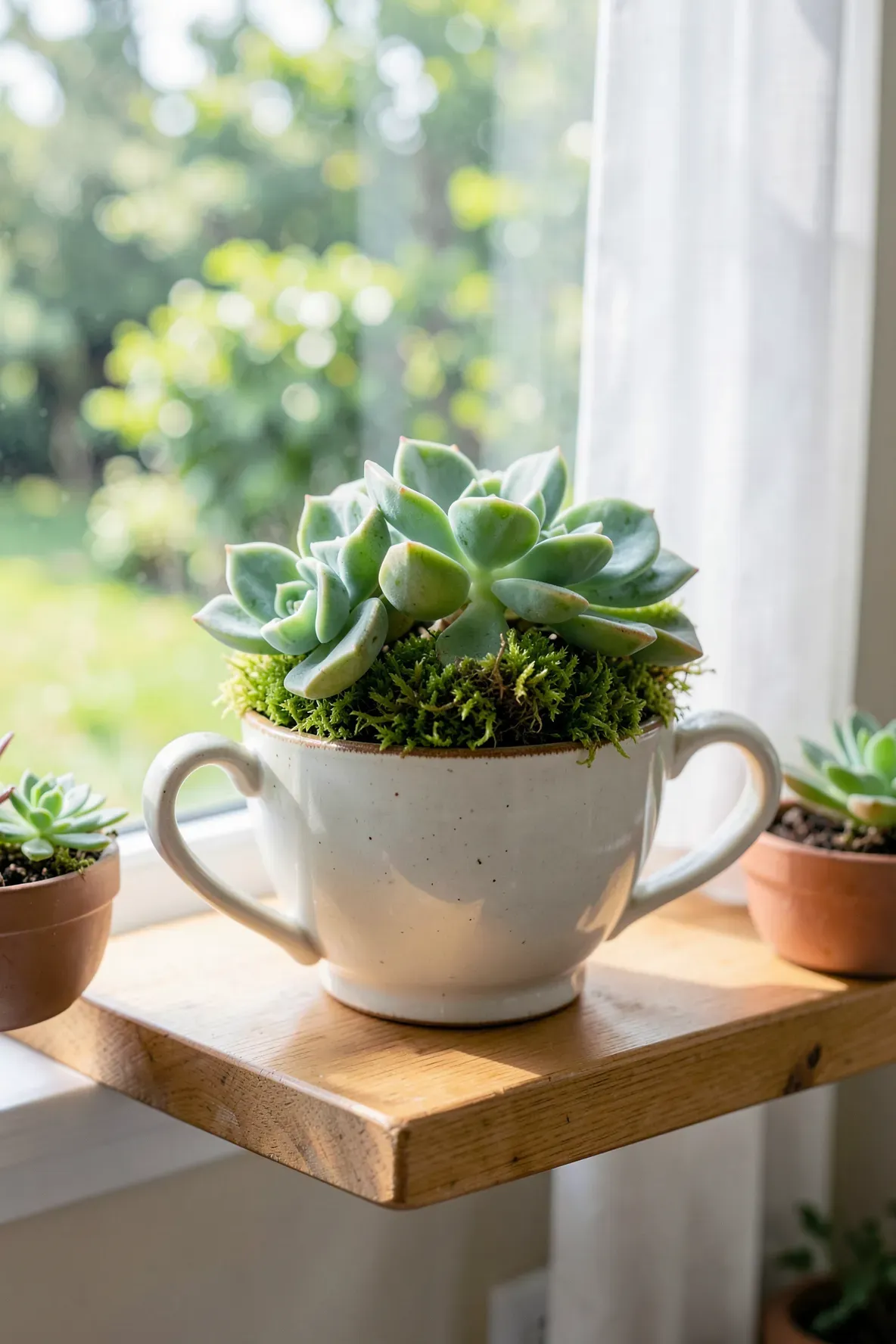 A small green succulent plant growing inside a decorative teacup with moss on a sunny shelf.