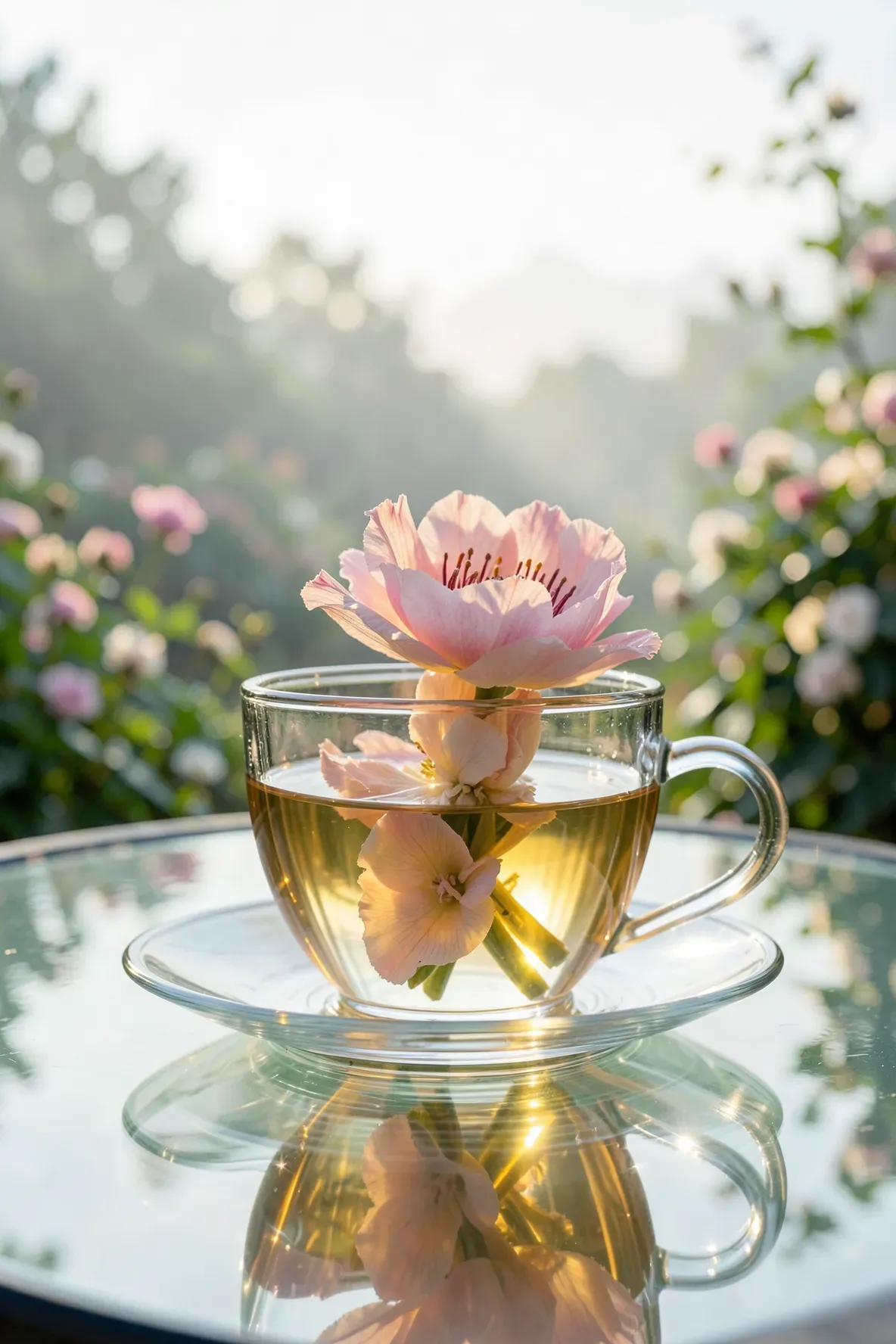 A clear glass teacup showing a pink flower blooming in golden tea water on a patio table.