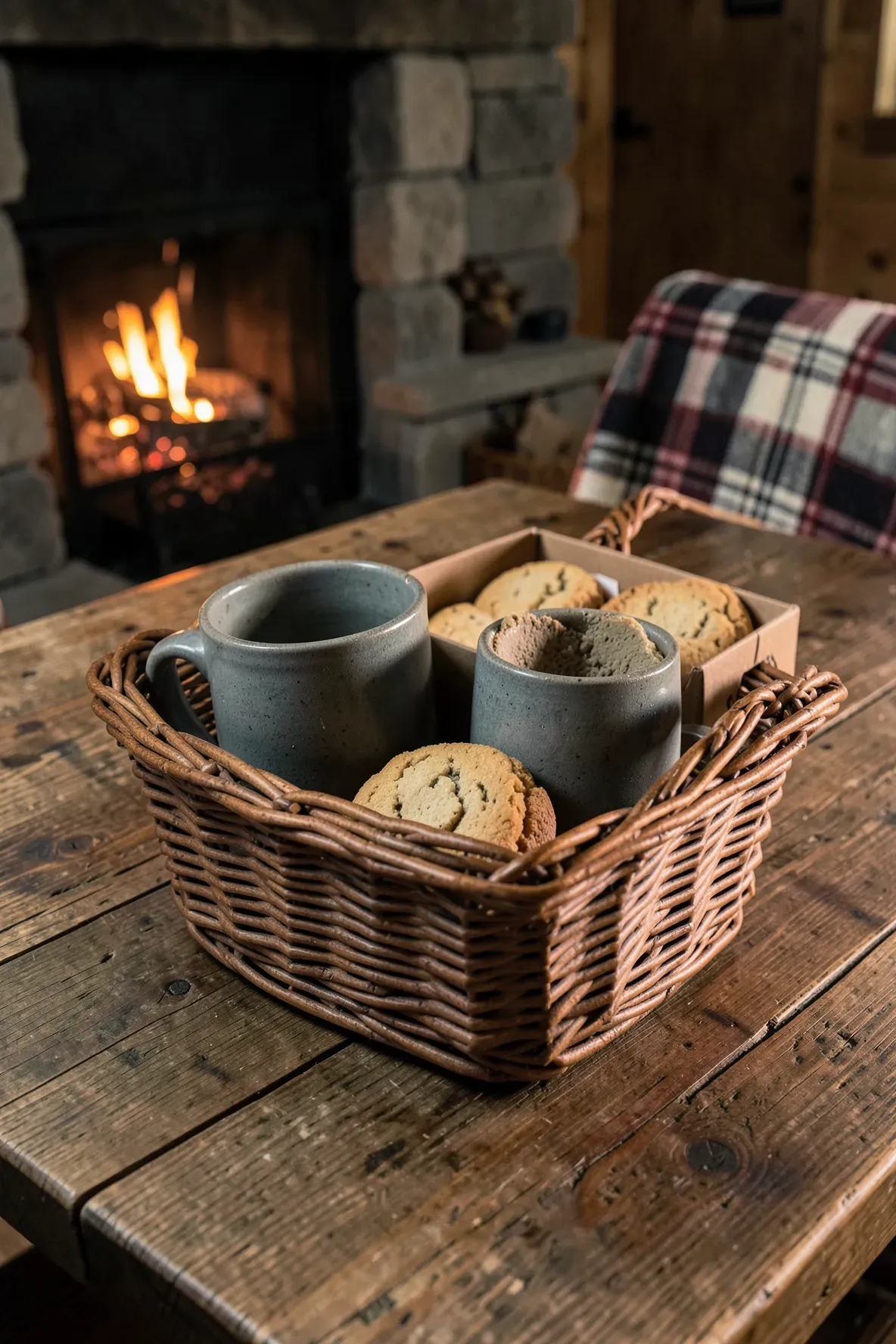 A wicker basket with two gray stoneware mugs and shortbread cookies on a rustic wooden table.