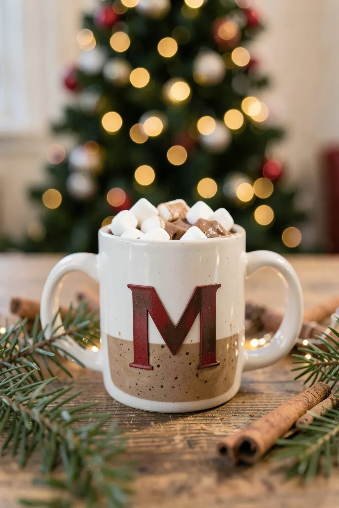 A personalized white mug with a black initial filled with hot cocoa and marshmallows near a Christmas tree.