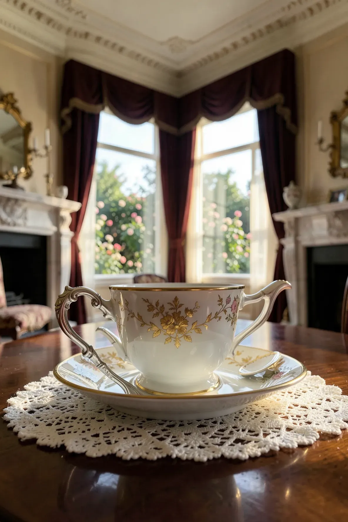 An elegant antique floral tea cup and saucer set with vintage silver sugar tongs in a Victorian parlor.